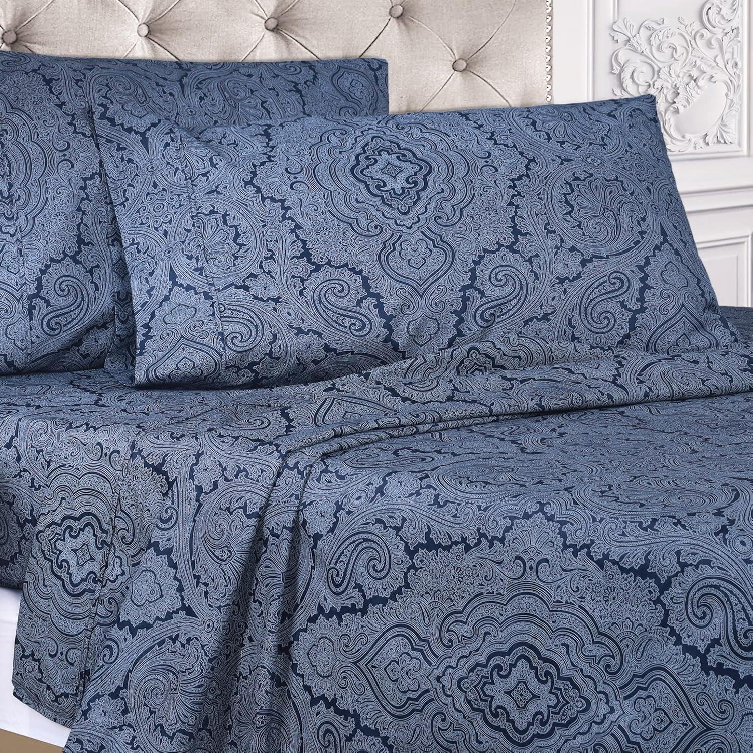 Superior Italian Paisley Cotton Blend Classic Sheet Set, Twin, Navy Blue