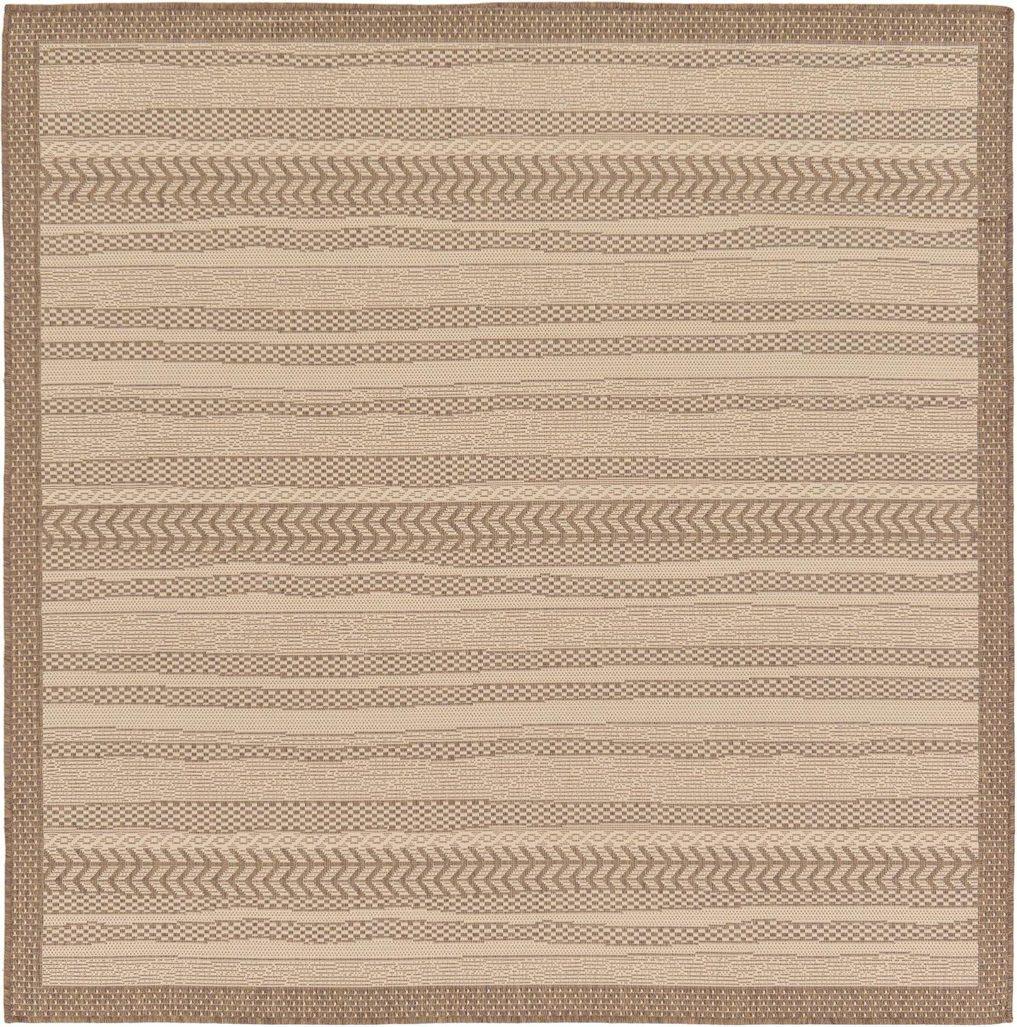 Unique Loom Outdoor Border Collection Area Rug - Lines (6' 1" Square Beige/Brown)
