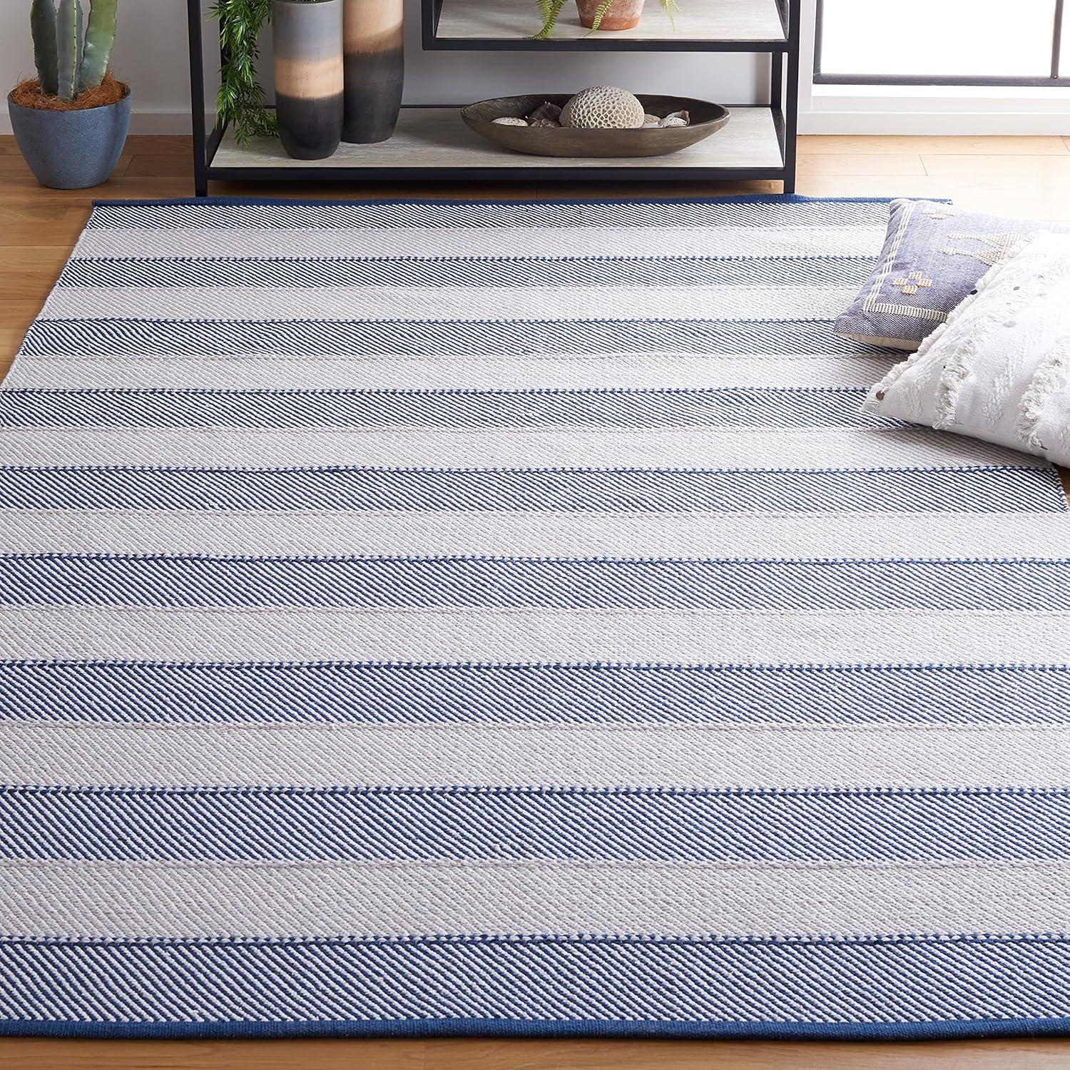 Grey and Blue Striped 4' x 6' Wool Cotton Area Rug