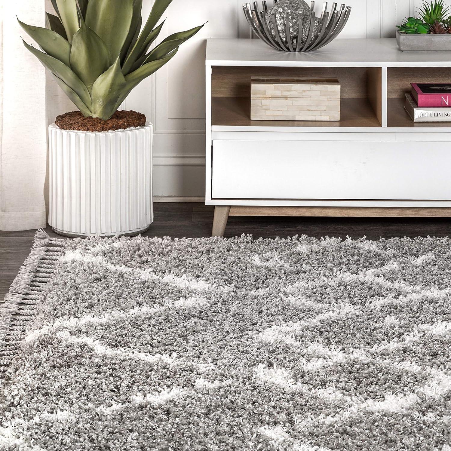 3'x5' Mercer Shag Plush Tassel Moroccan Geometric Trellis Area Rug, Grey/Cream - JONATHAN Y