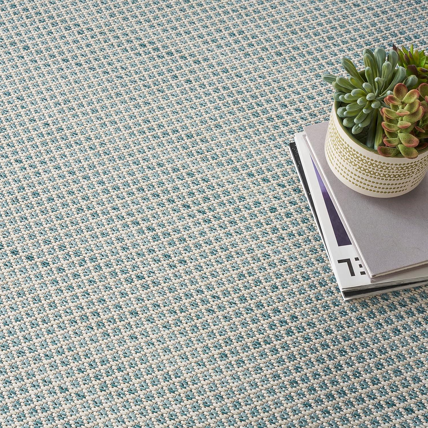 Nourison 6' x 6' Courtyard Modern Easy Care Flatweave Indoor Outdoor Square Rug Ivory/Aqua