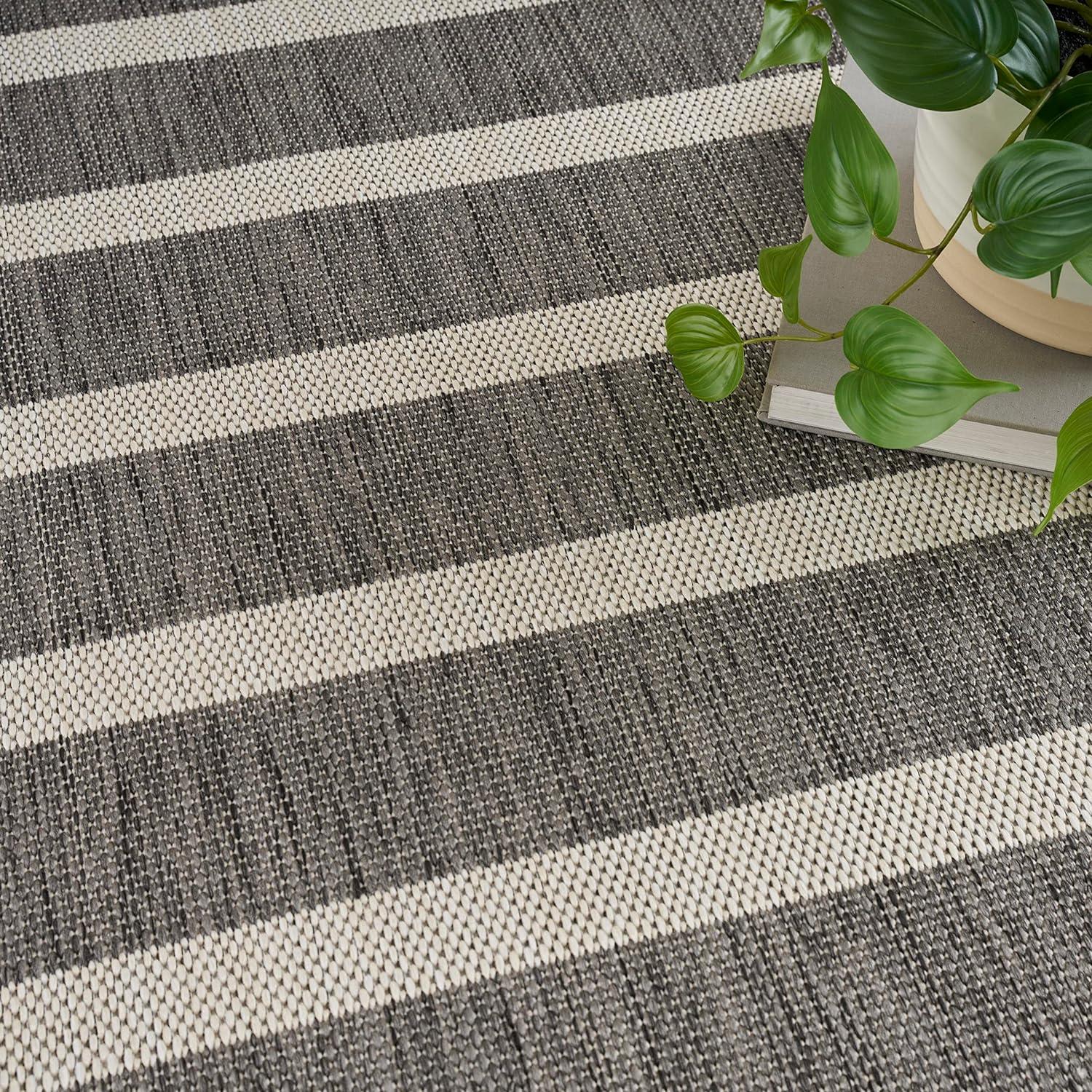 Nourison Positano Modern Stripes Flatweave Indoor Outdoor Low Pile Area Rug Charcoal Ivory 8' x 10'