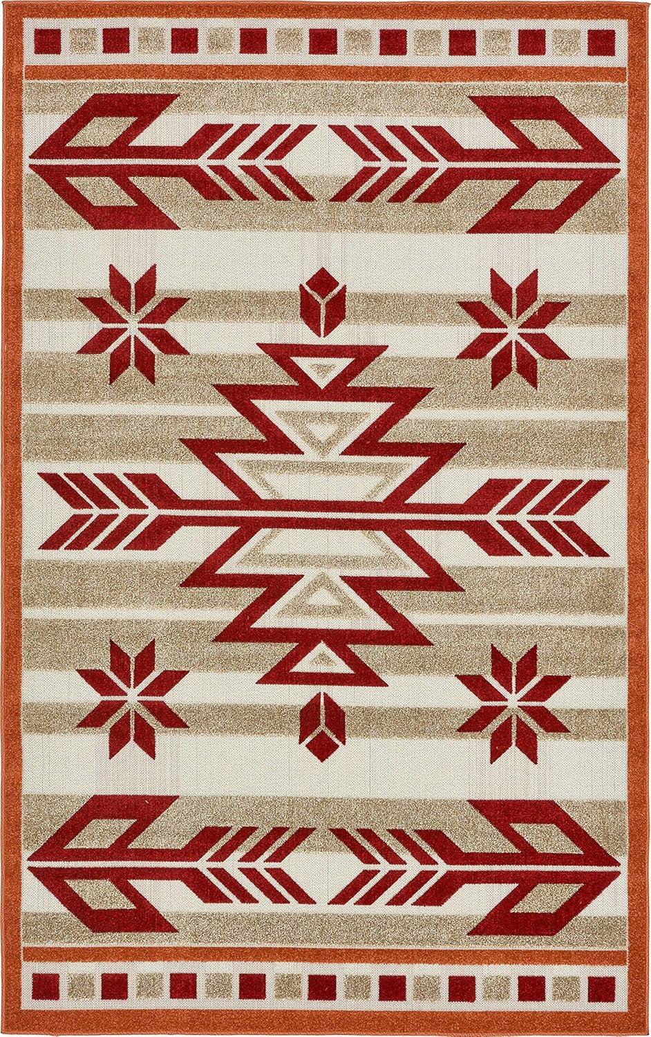 Burgundy and Beige Geometric Outdoor Rectangular Rug