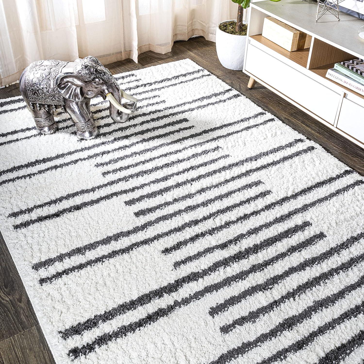 Petra Stripe Geometric Shag Area Rug - JONATHAN Y