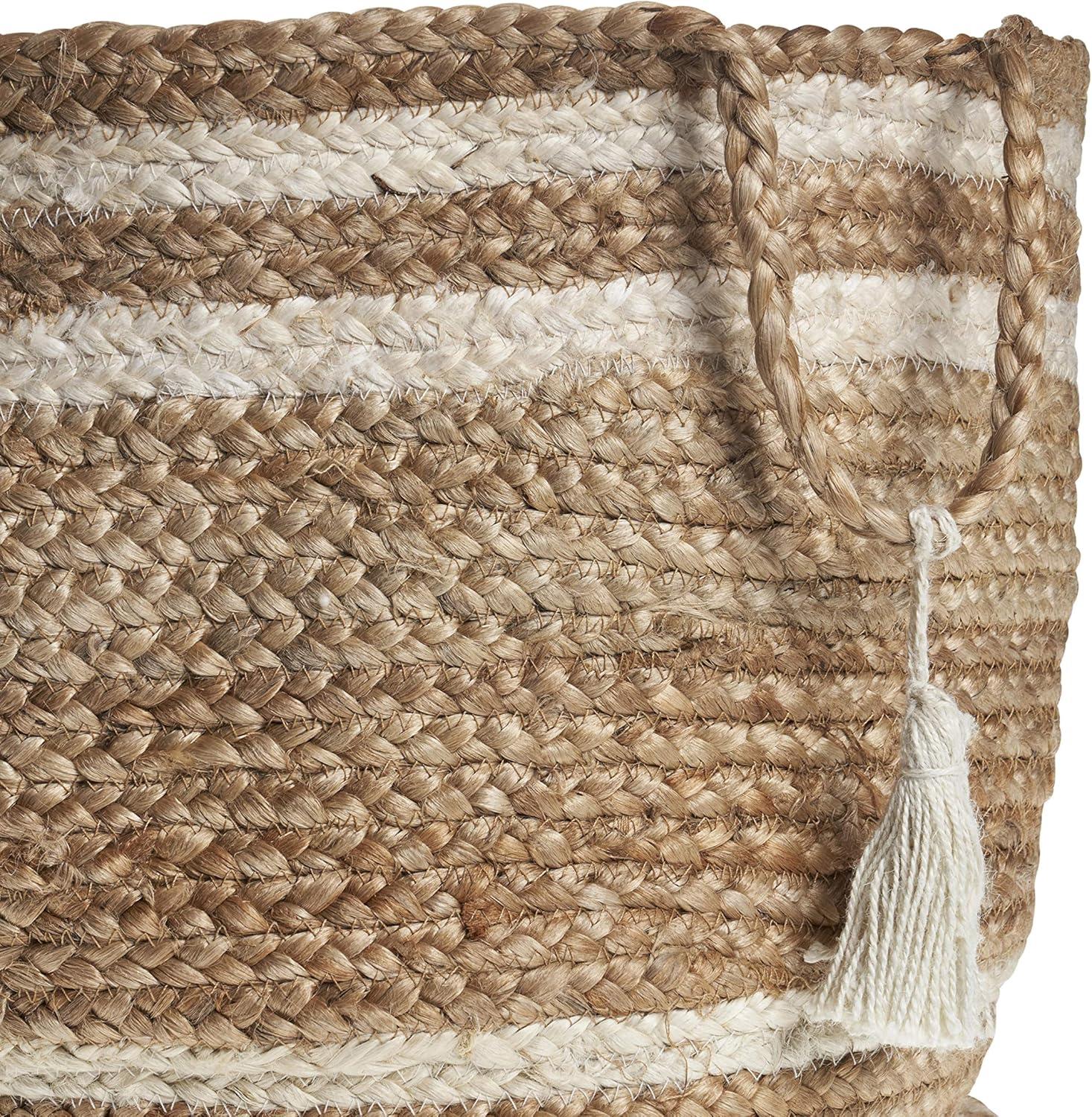 LR Home Baria Natural Jute 17" x 17" Braided Striped Decorative Storage Basket