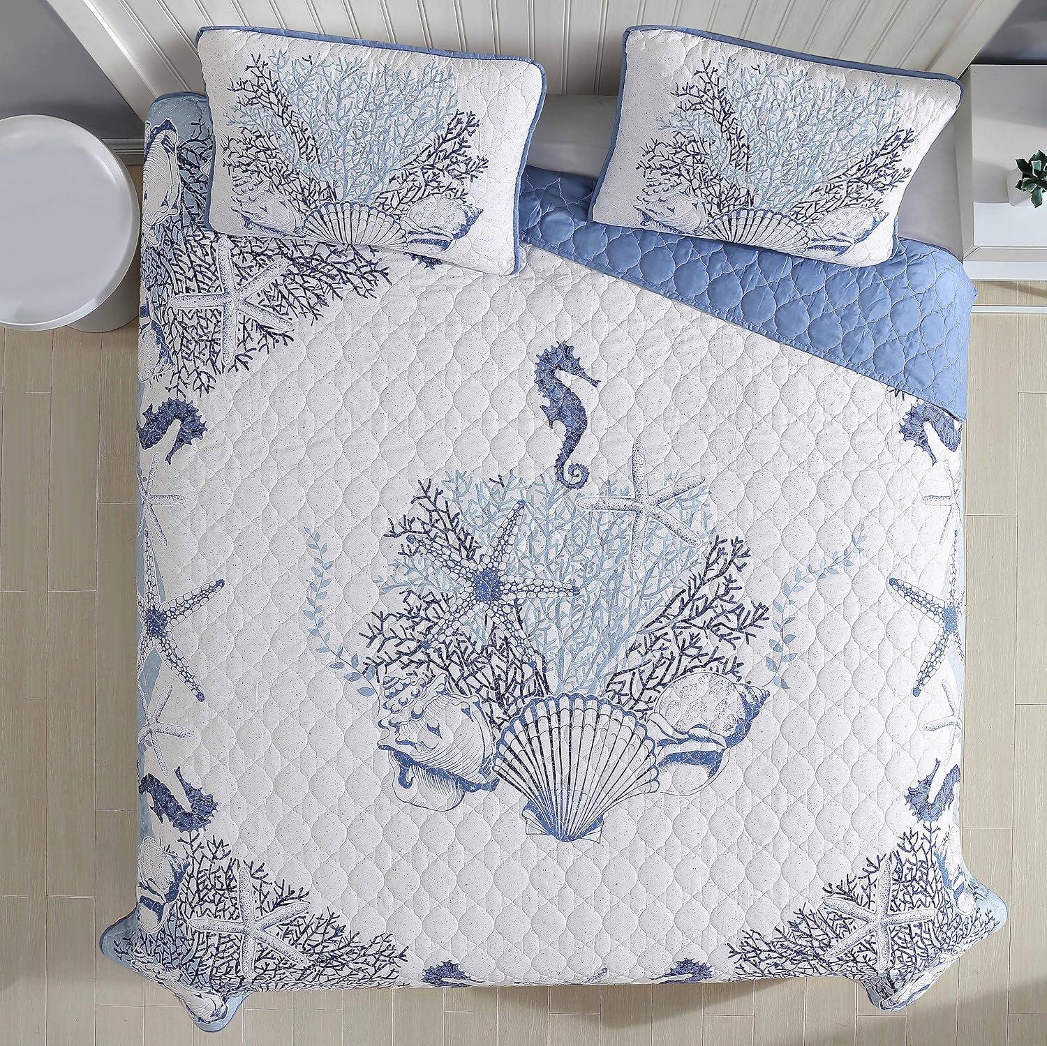 Caribbean Joe  Coastal 3PC Quilt Set Beach Delight Denim - Full - Queen