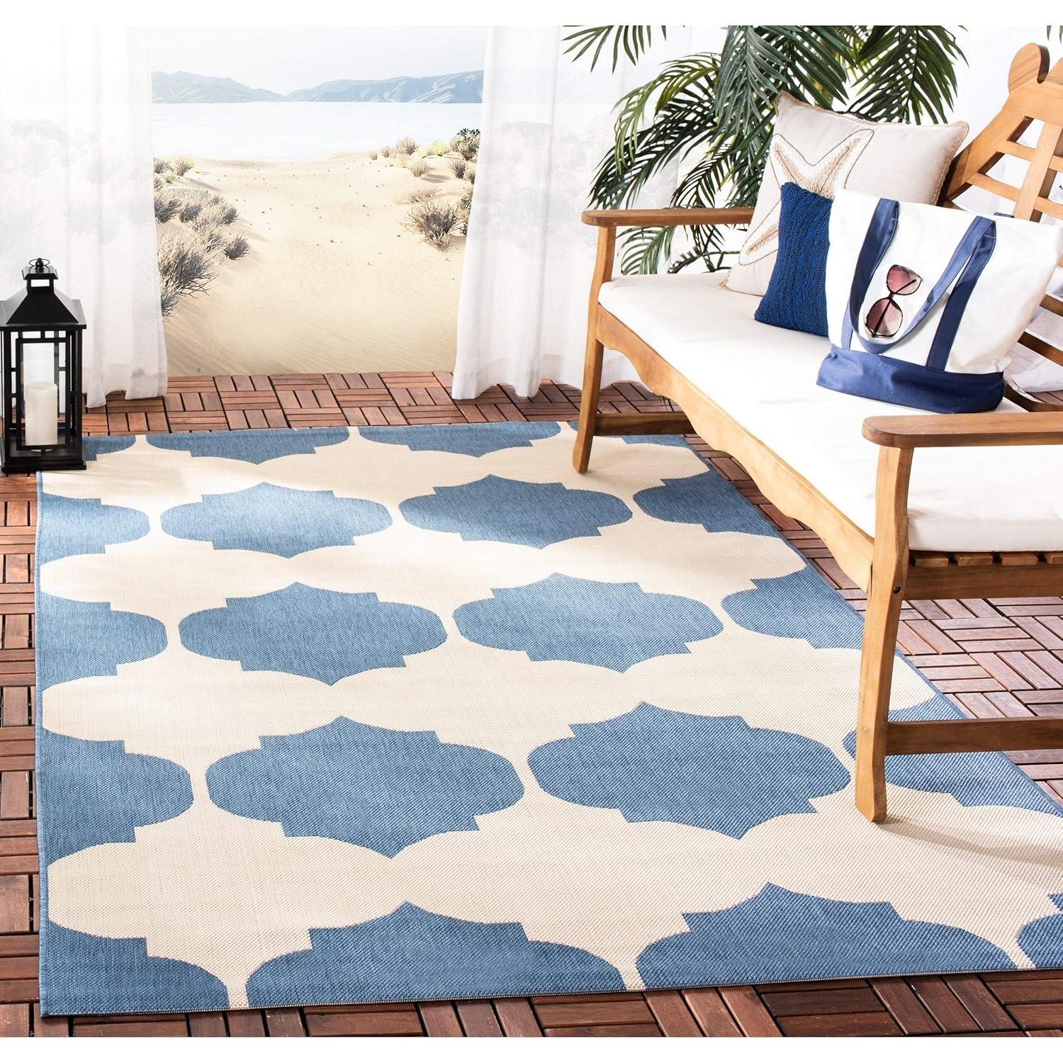 SAFAVIEH Courtyard Elwyn Geometric Indoor/Outdoor Area Rug, Beige/Blue, 9' x 12'