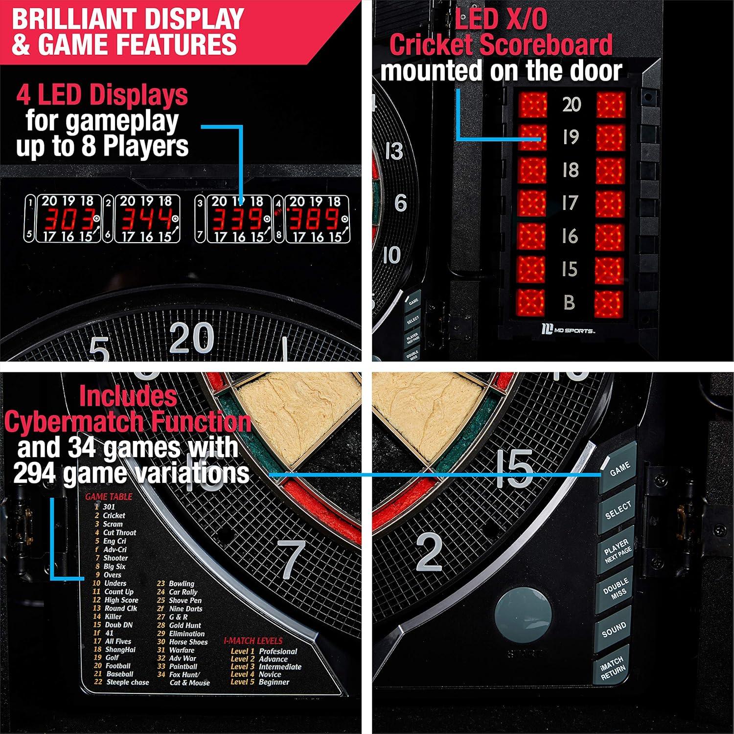 Bristlesmart Smart Dartboard Cabinet with Digital X/O Cricket Scorekeeping and Steel Tip Darts by MD Sports