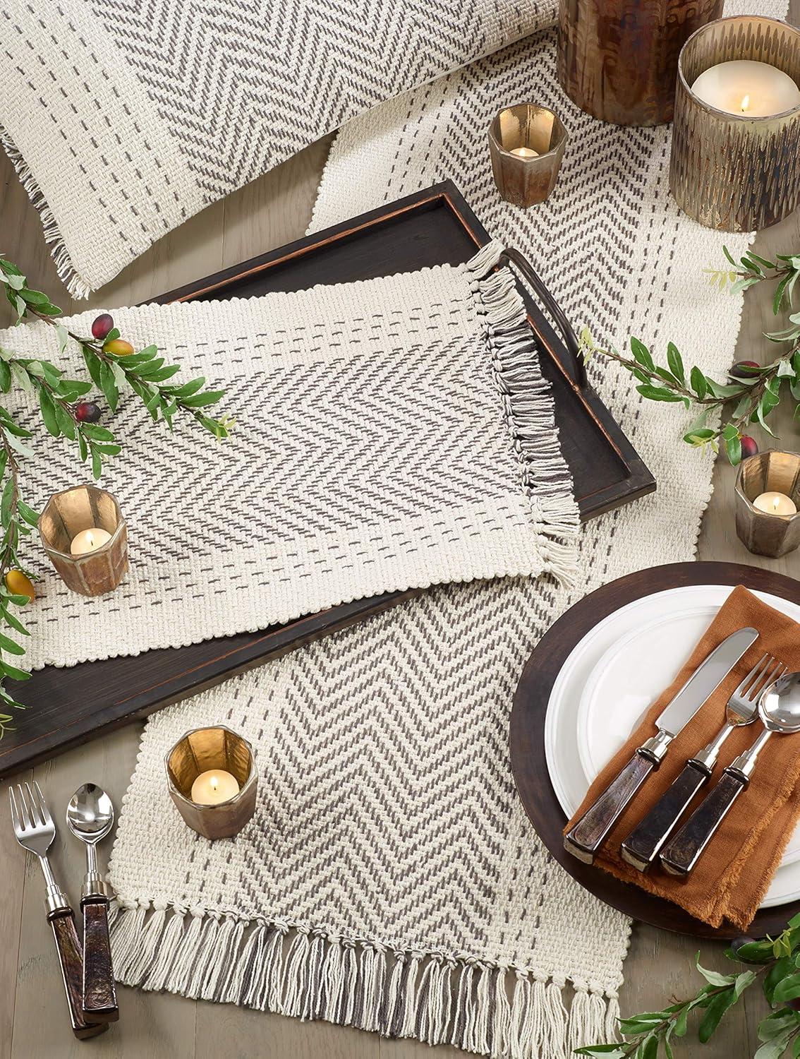 Gray Cotton Table Runner with Fringe and Stitching