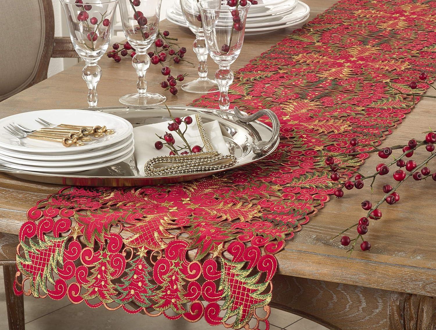 Red Polyester Christmas Tree Cutwork Table Runner