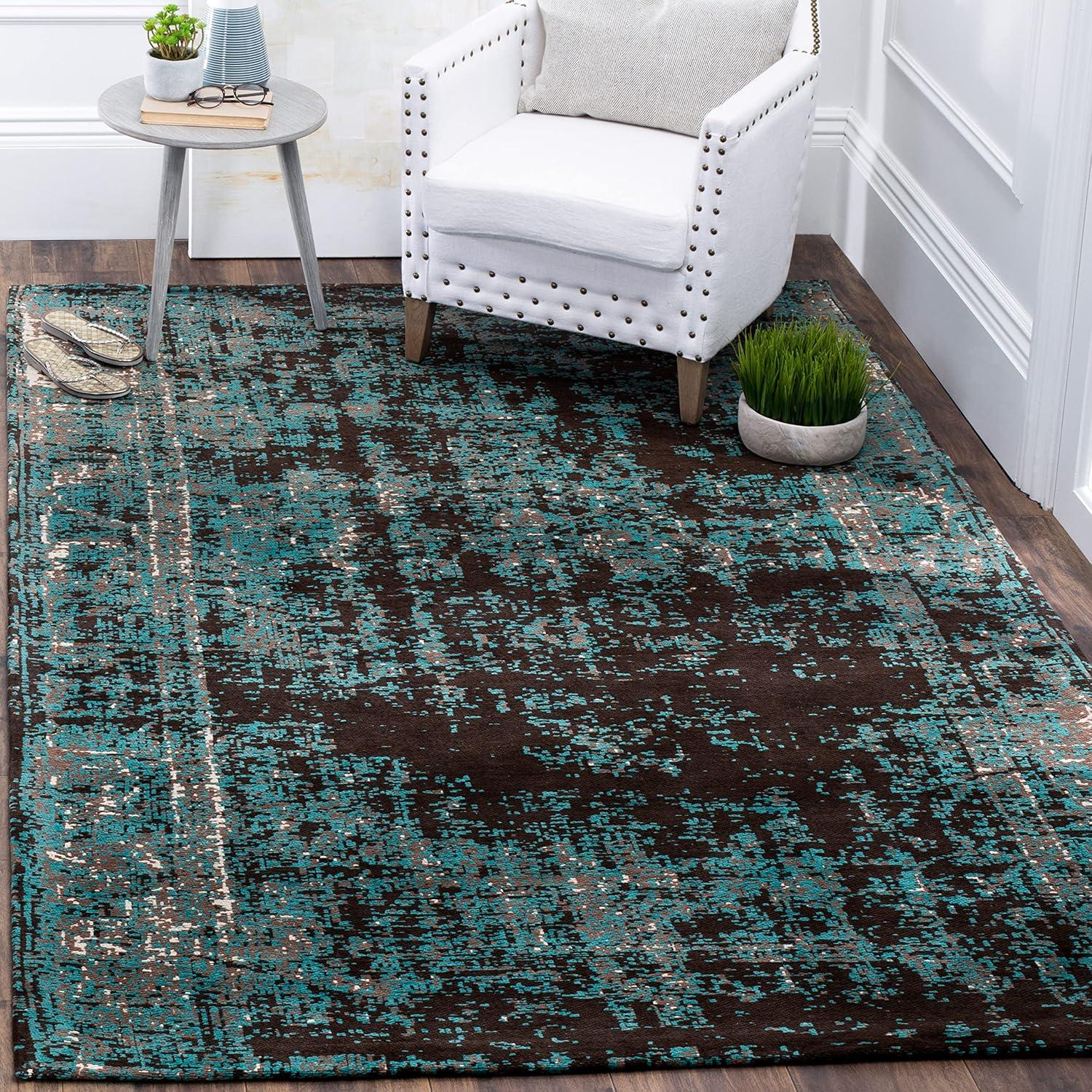 Teal and Brown 9' x 12' Flat Woven Wool Area Rug