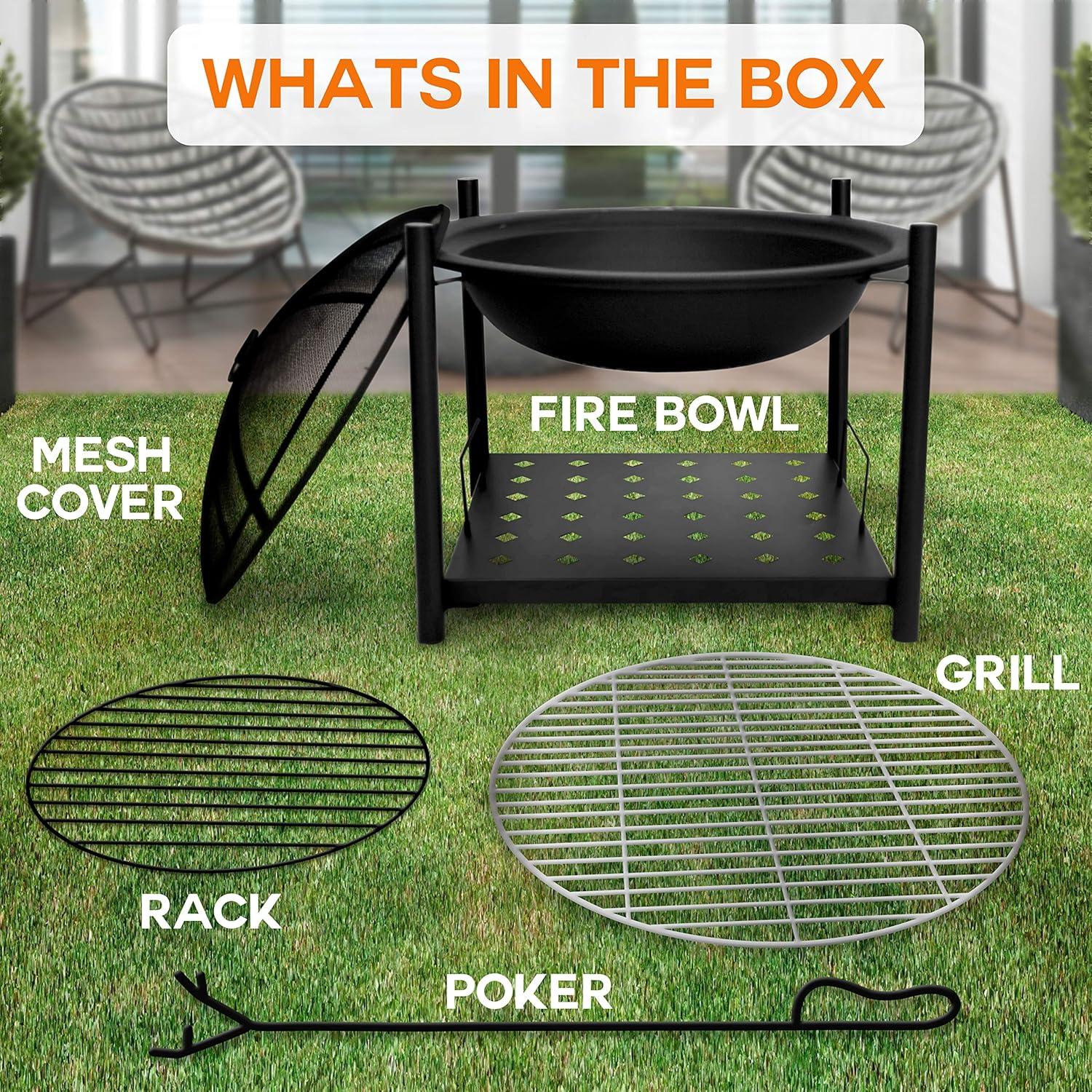 SereneLife Portable Outdoor Wood Fire Pit - 2-in-1 Steel BBQ Grill 26" Wood Burning Fire Pit Bowl w/ Mesh Spark Screen, Cover Log Grate SLCARFP54