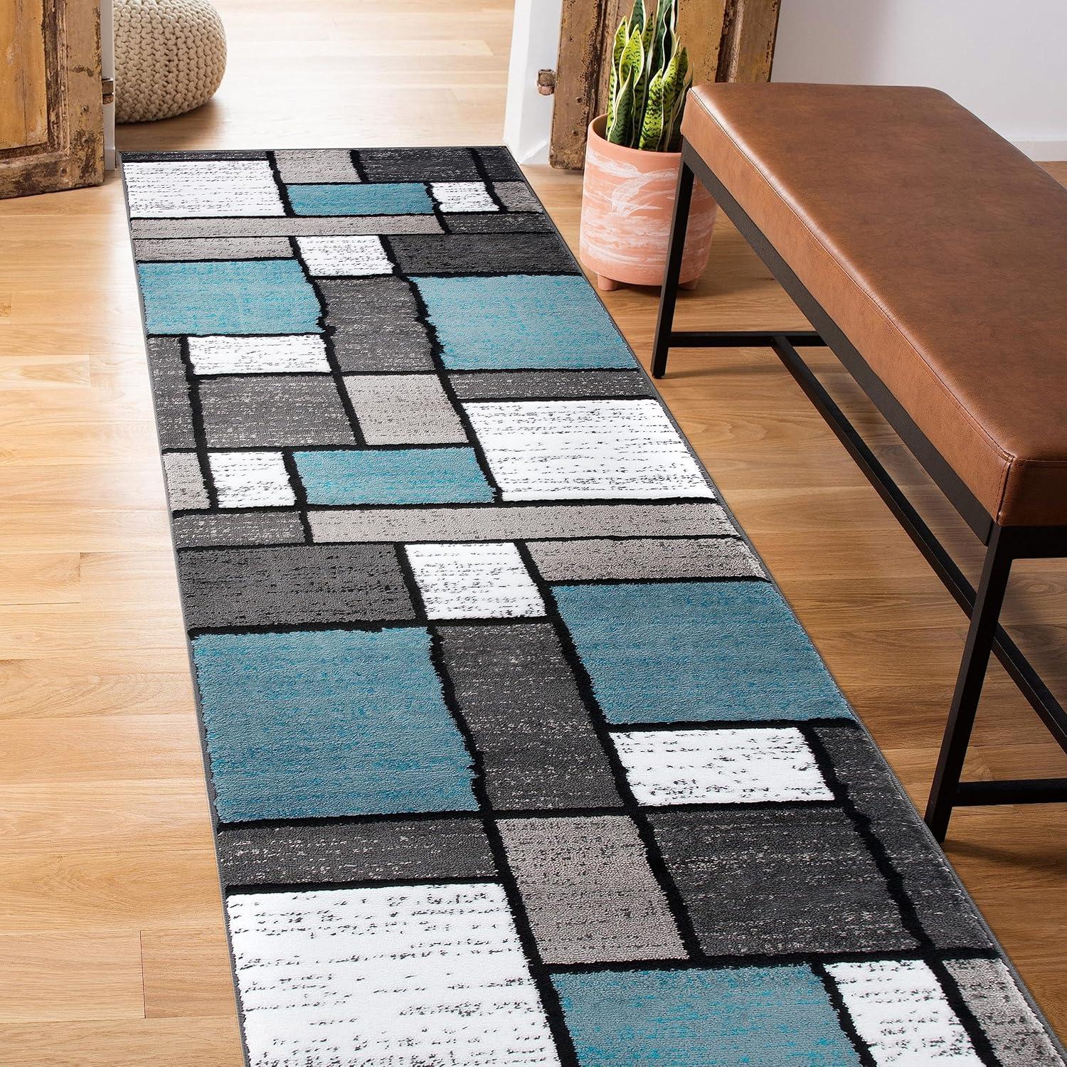 World Rug Gallery Contemporary Modern Boxed Color Block Blue Gray 2'x10' Runner Rug