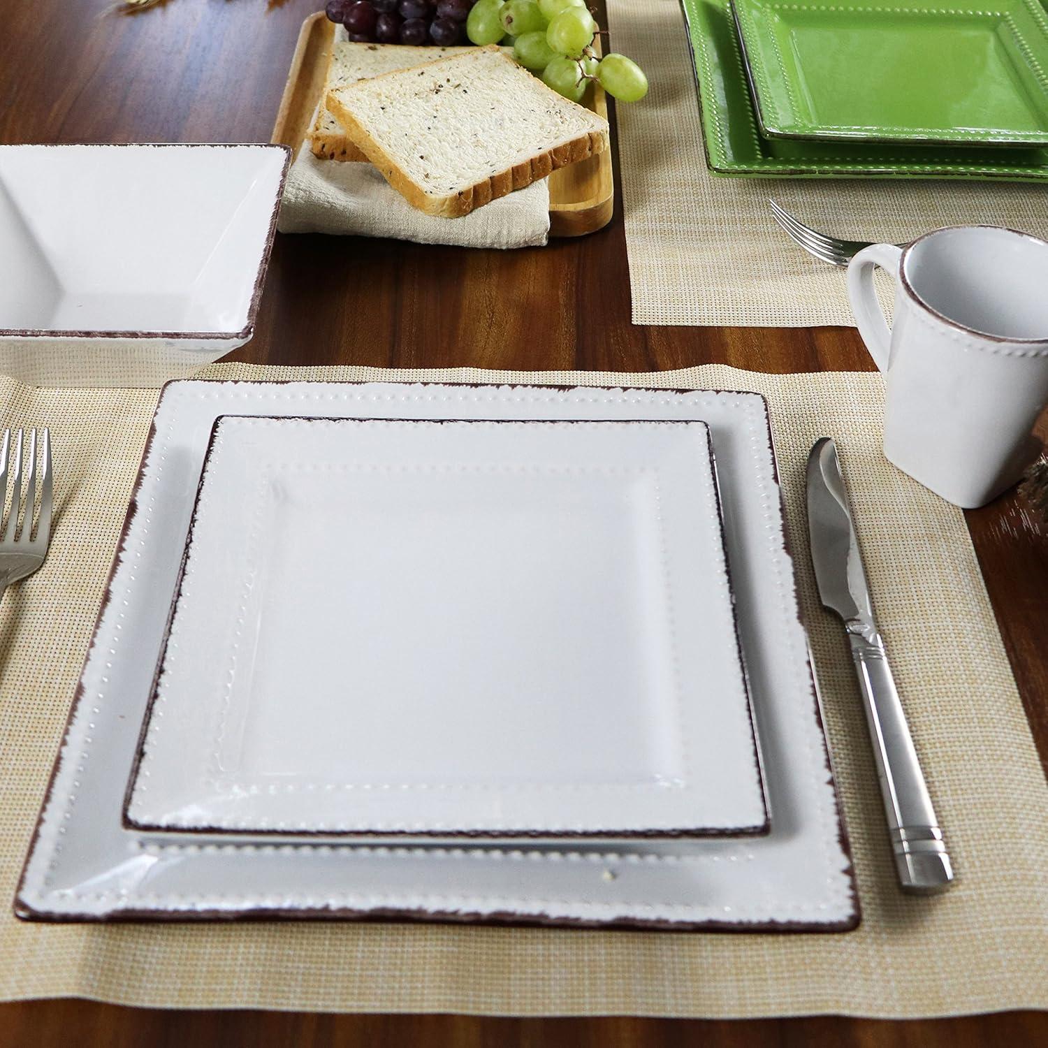 16 Piece Square Beaded Stoneware Dinnerware Set, White