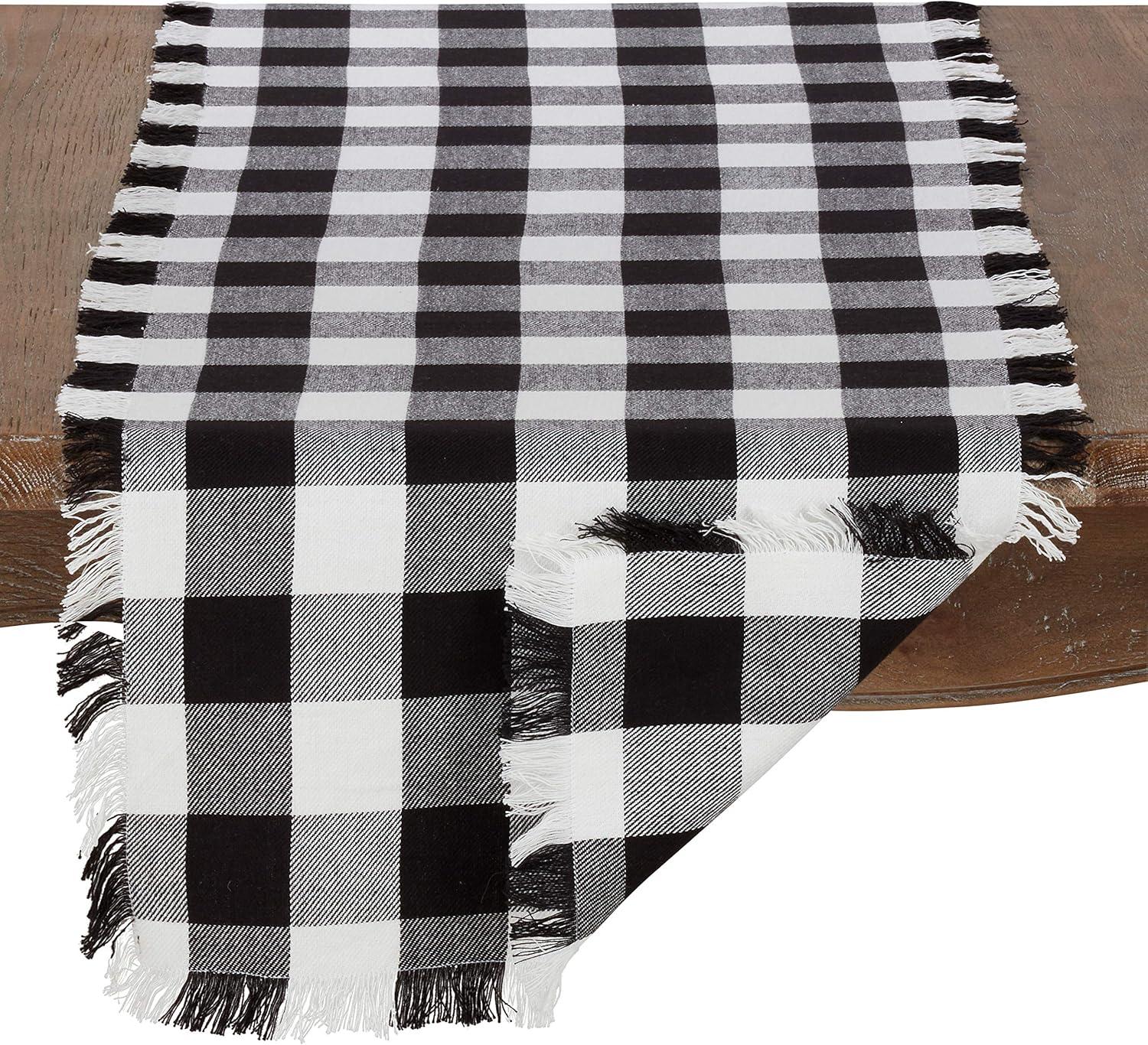 Saro Lifestyle Fringed Buffalo Plaid Runner, Black, 16" x 72"