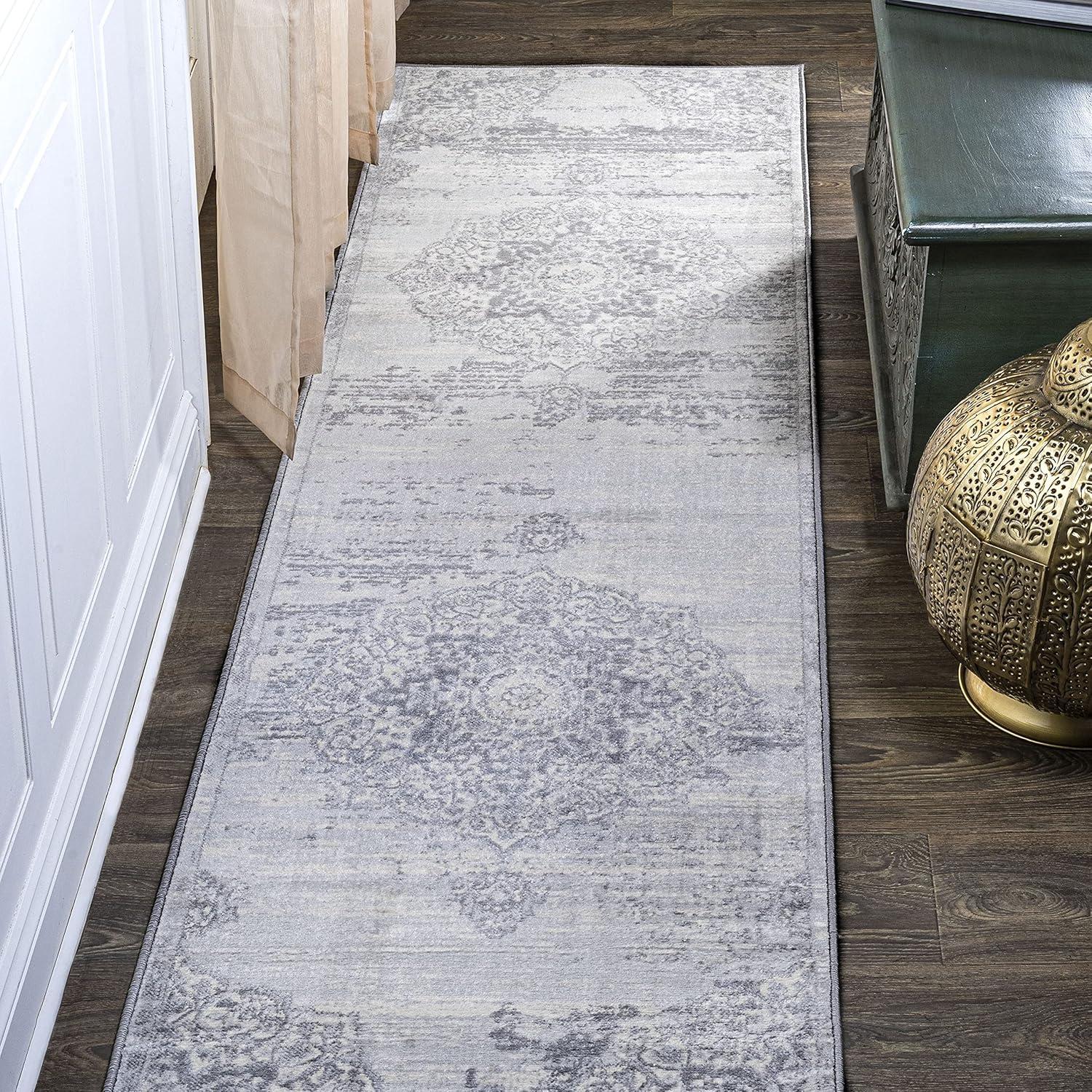 2' X 10' Modern Persian Vintage Medallion Runner Rug, Light Gray/Ivory - JONATHAN Y