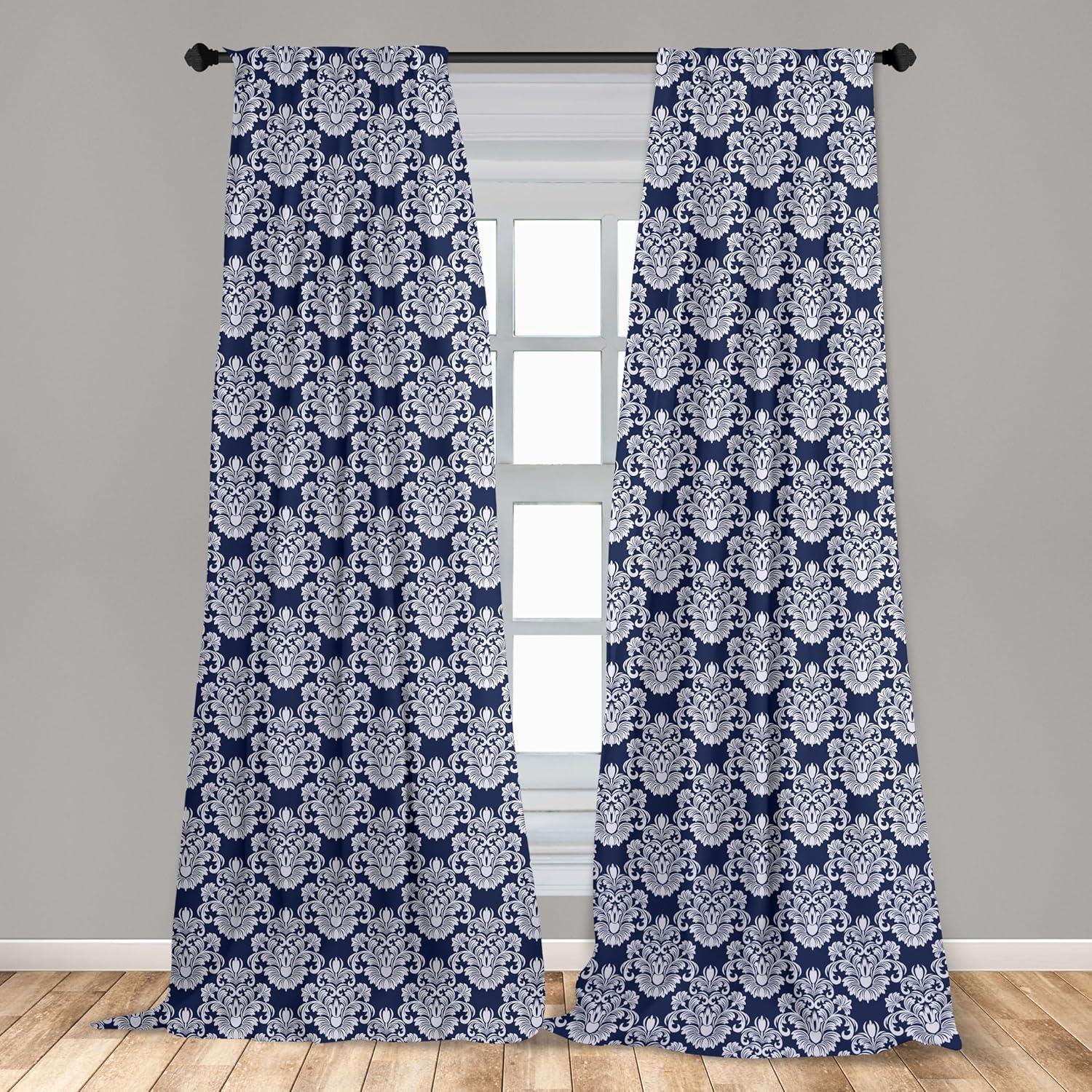 Ambesonne Navy Blue Curtains, Floral Antique Damask, Pair of 28"x63", Dark Blue White