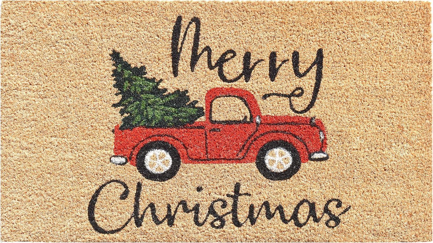 Christmas Red Truck Coir Doormat with Vinyl Backing