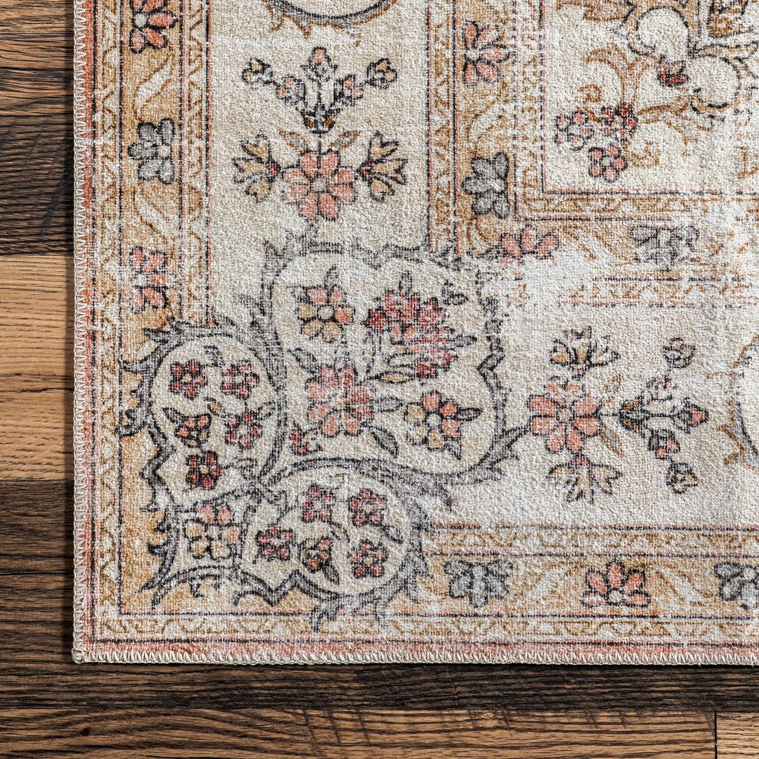 Ivory Floral Synthetic Washable Rectangular Area Rug