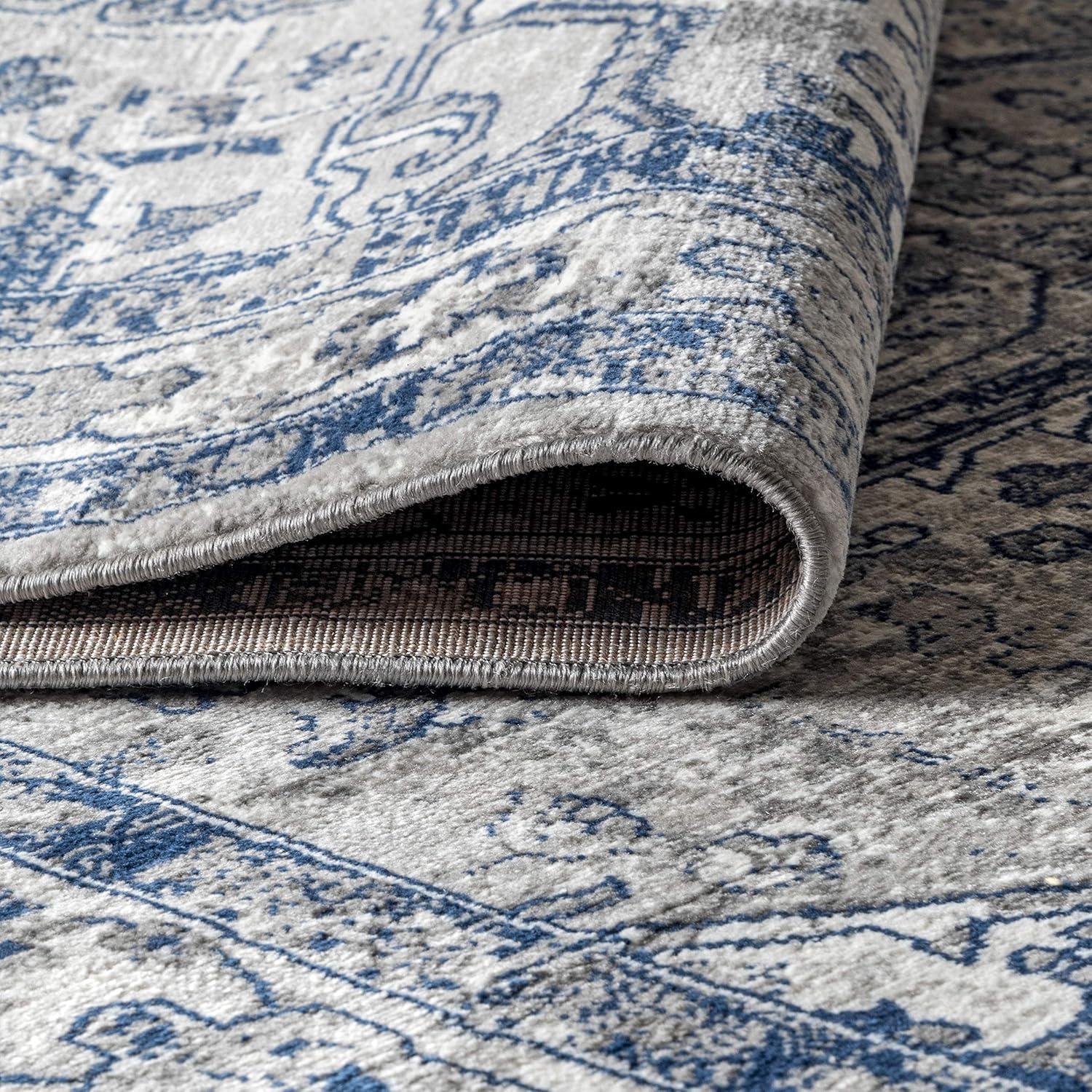 2'x8' Modern Persian Vintage Medallion Runner Rug, Light Grey/Navy - JONATHAN Y