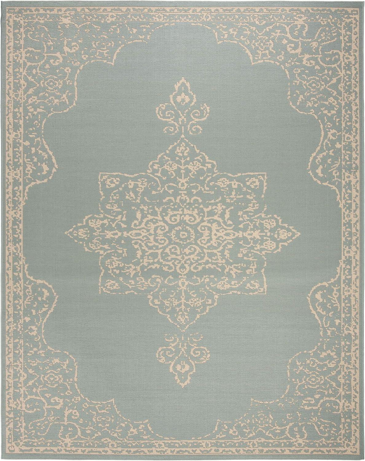 Cream and Aqua Medallion 9' x 12' Reversible Synthetic Area Rug