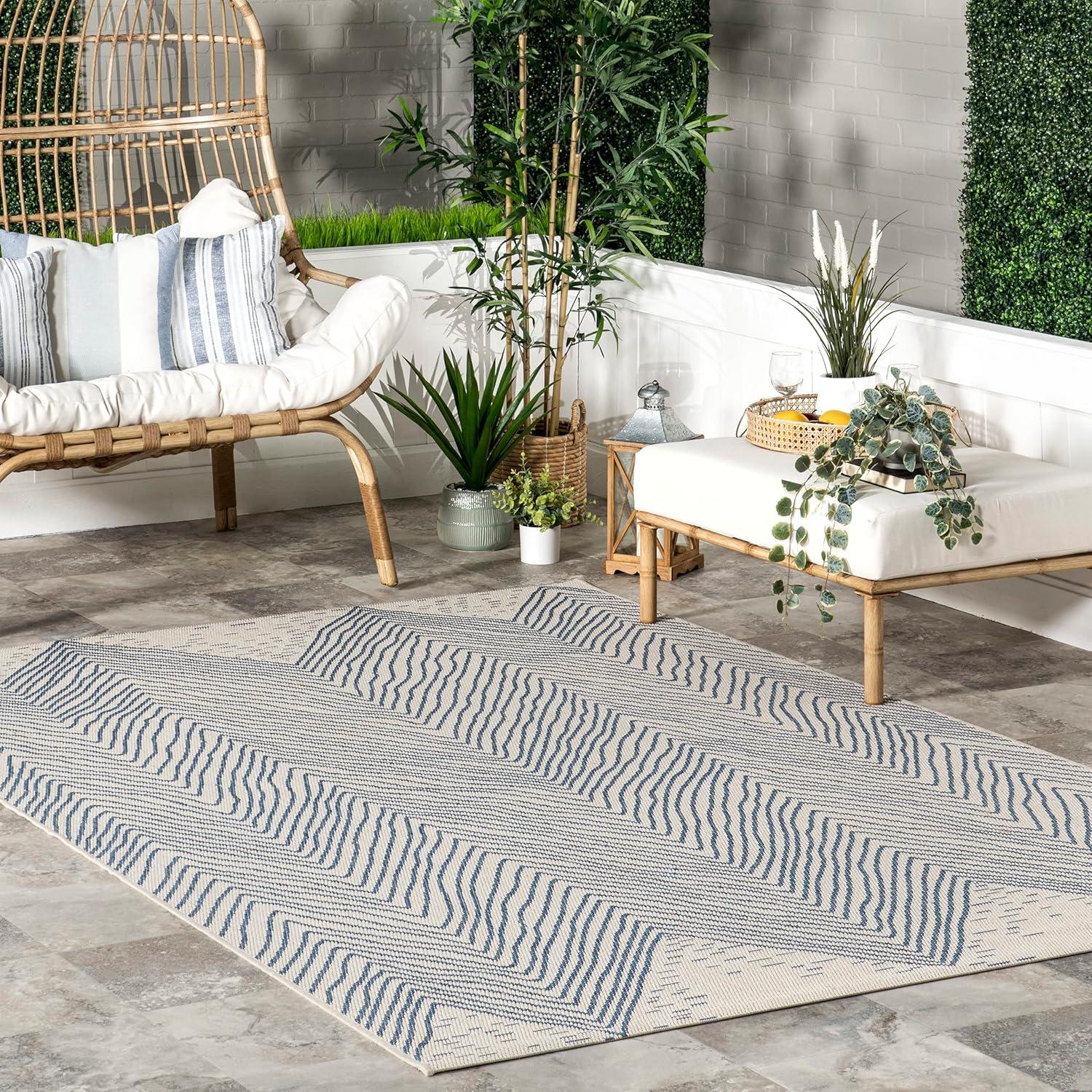 Dunham Abstract Indoor/Outdoor Area Rug for Living Room Patio Deck Front Porch Kitchen, Blue/Ivory