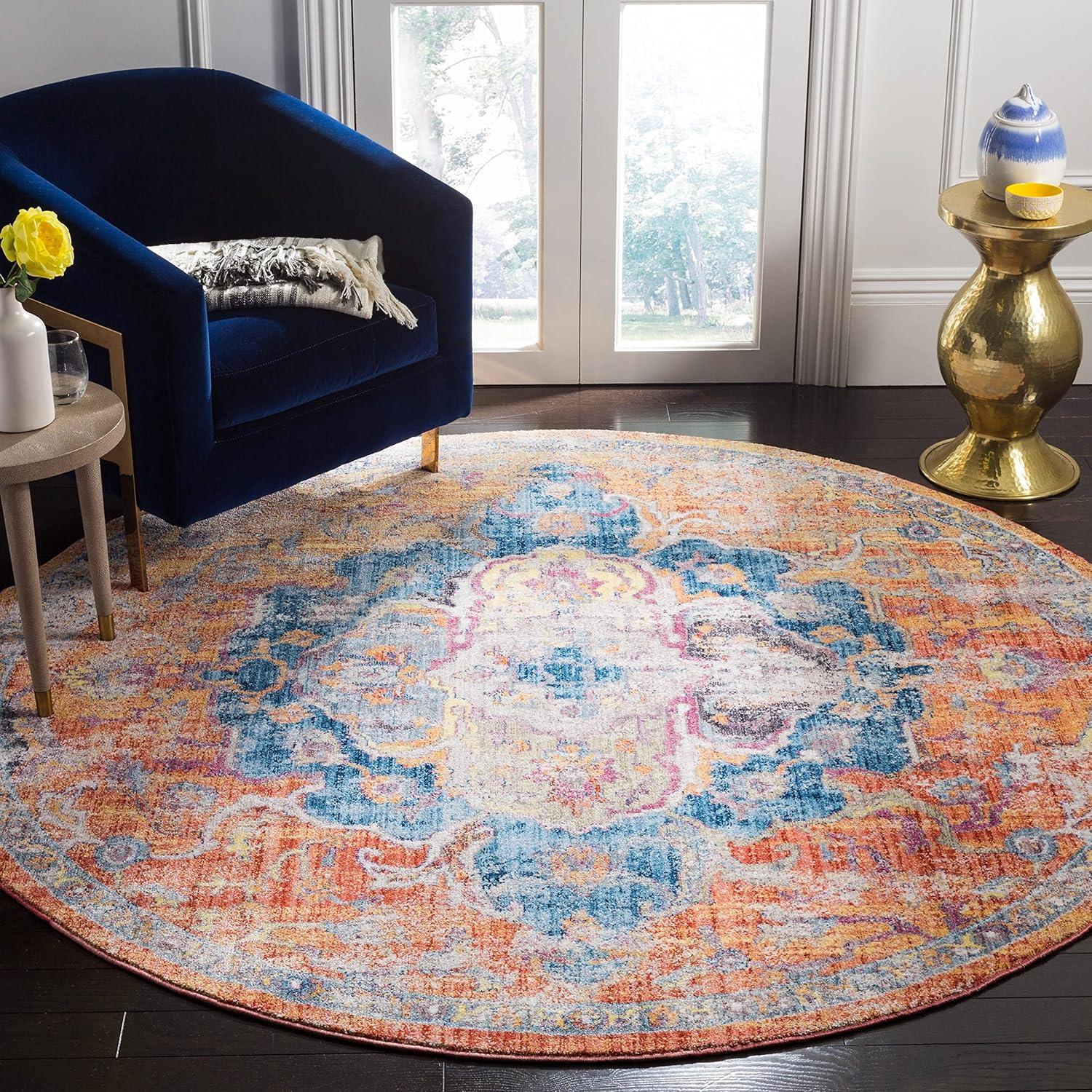 Reversible Washable Synthetic Round Rug in Blue, 7' Diameter