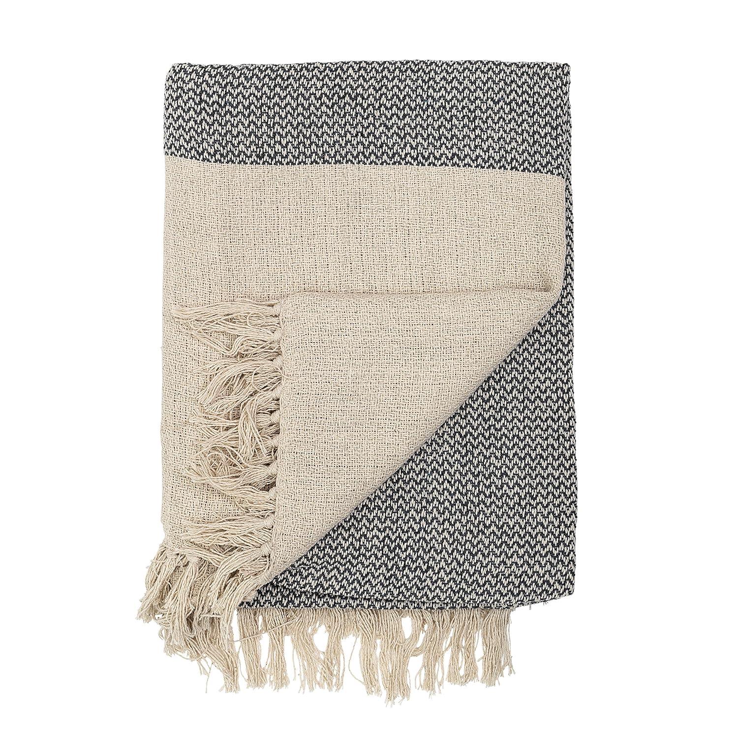 Bloomingville Grey & Cream Cotton Knit Throw with Fringe, 63 x 51