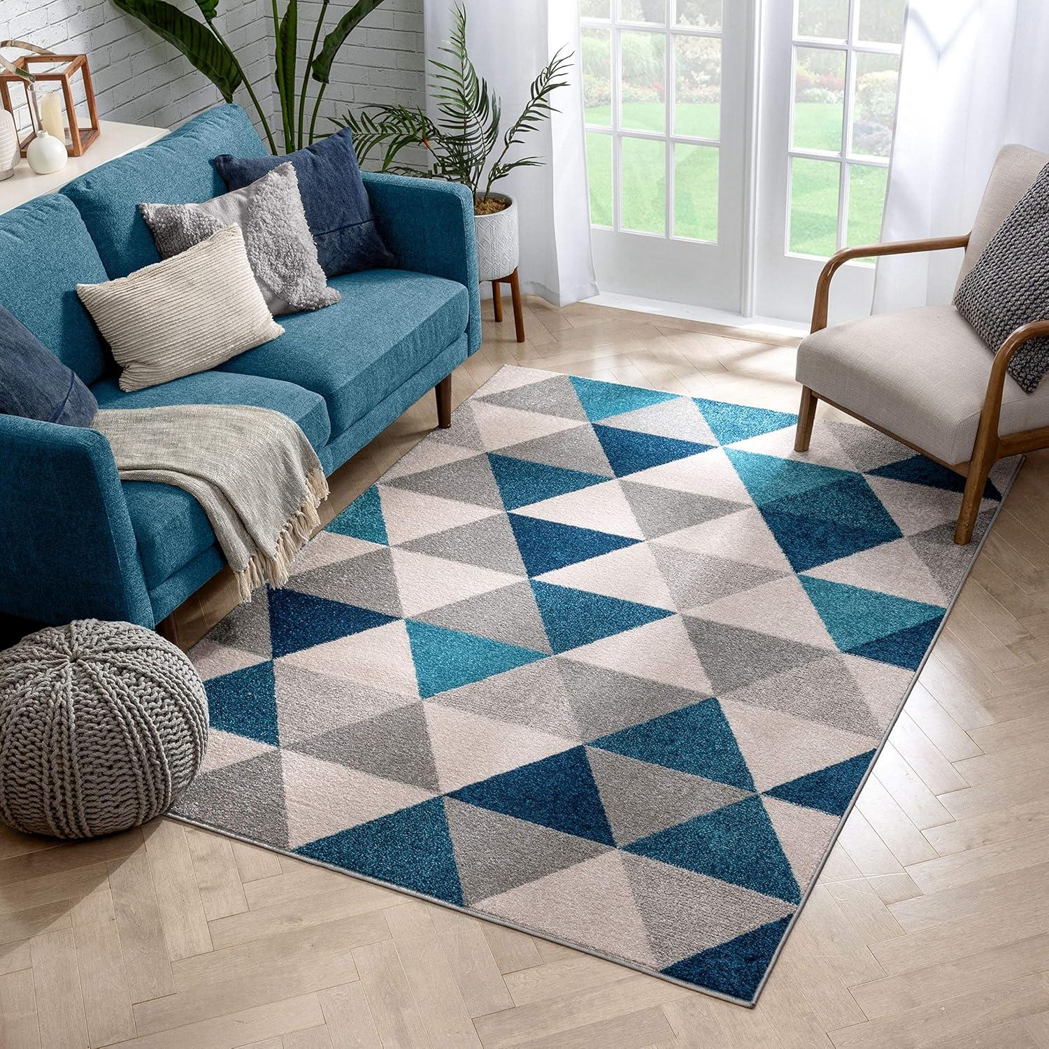 Blue and Grey Geometric 5' x 7' Stain-Resistant Area Rug