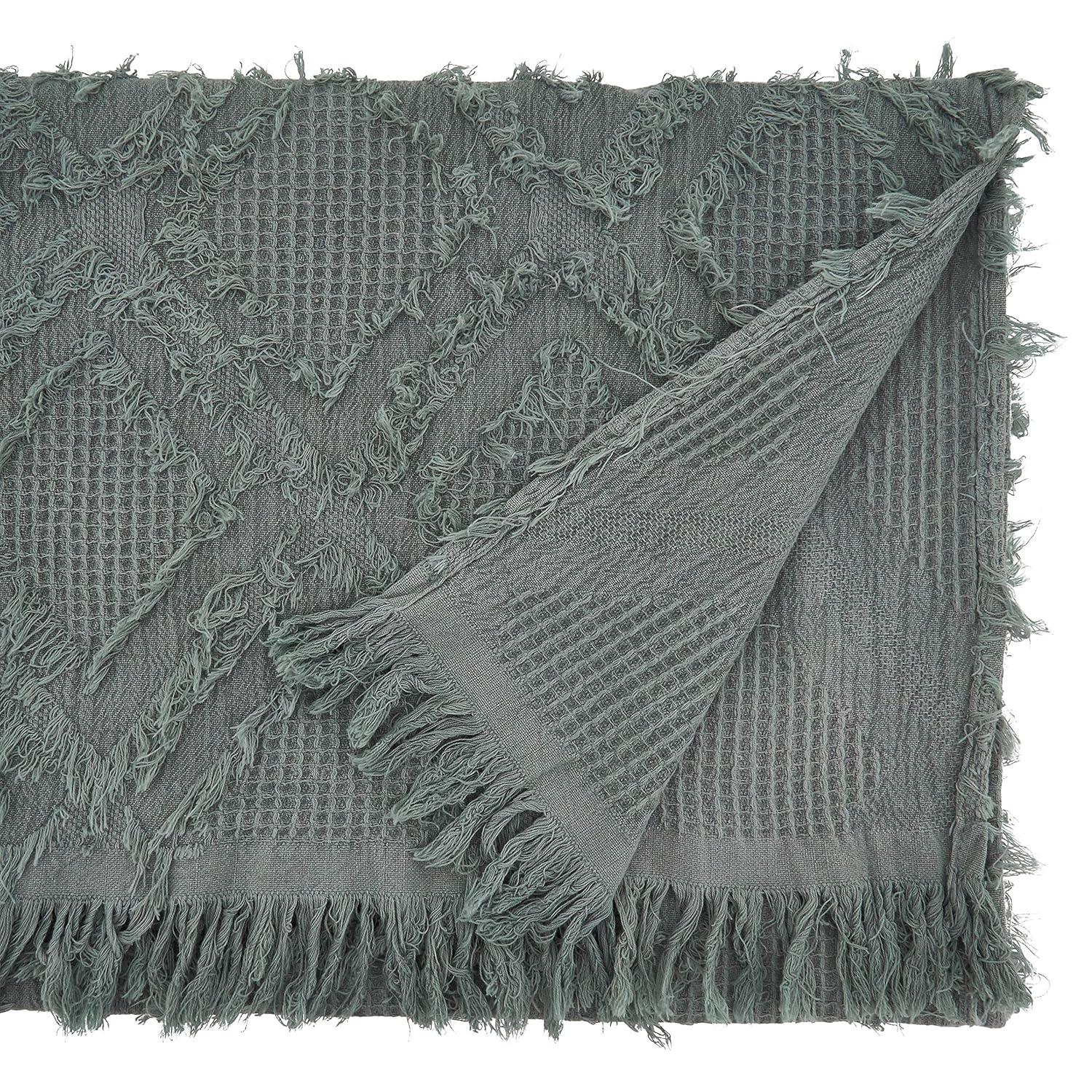 72" x 16" Cotton Waffle Weave Fringed Table Runner Blue: Geometric Abstract Rectangle - Saro Lifestyle