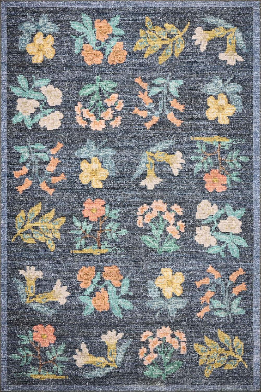 Navy Floral Wool and Synthetic 5' x 7' Area Rug