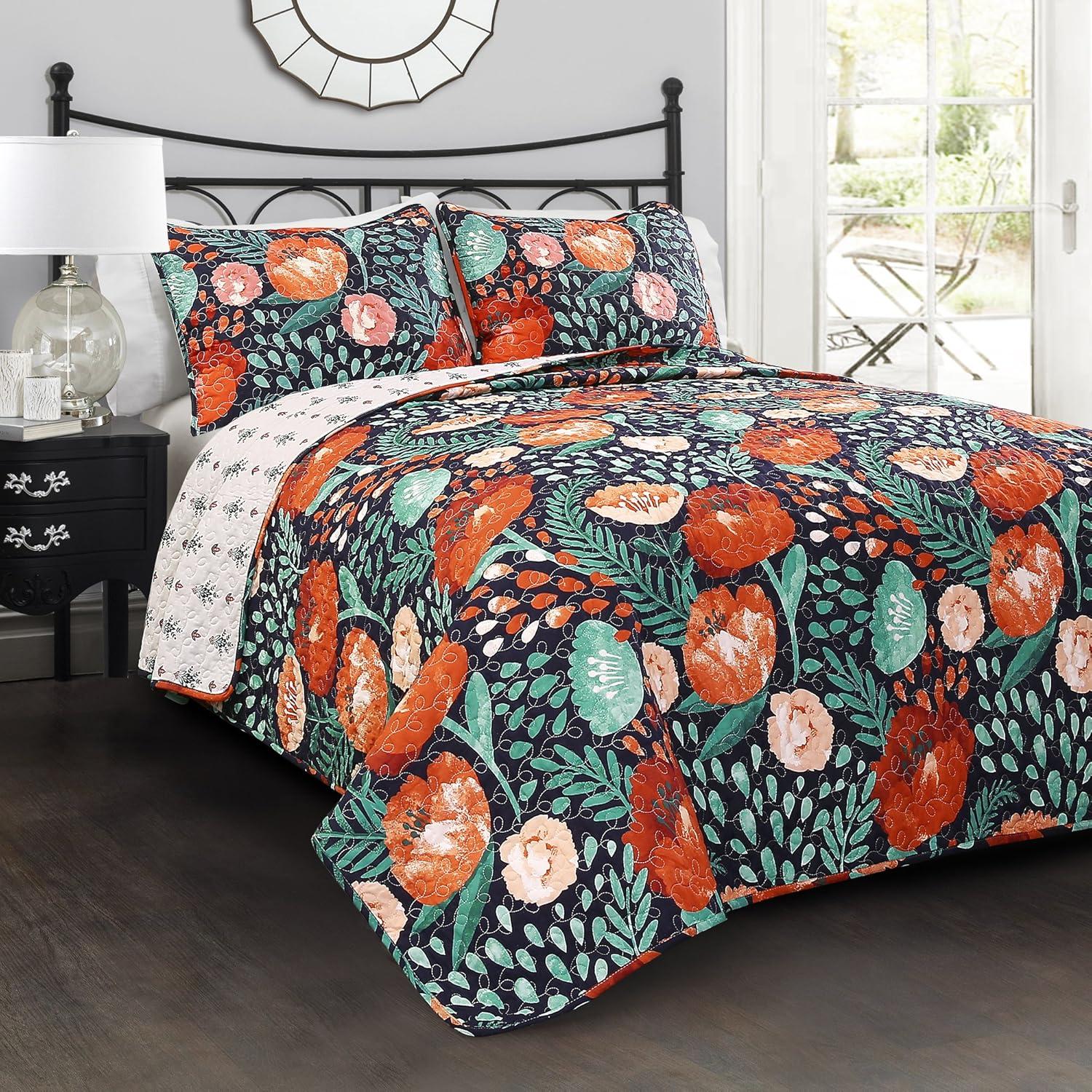 Navy King Cotton Reversible Floral Quilt Set