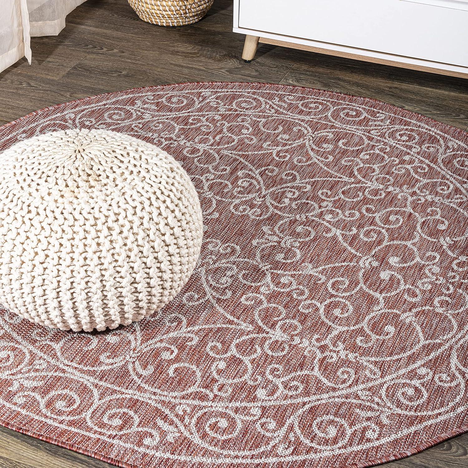 5' Round Charleston Vintage Filigree Textured Weave Indoor/Outdoor Area Rug, Red/Beige - JONATHAN Y