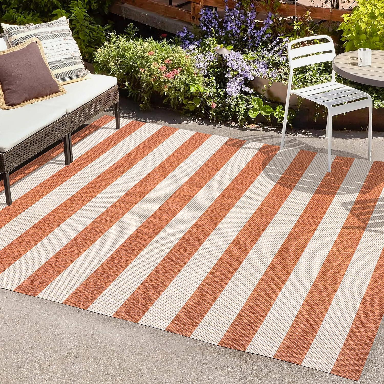 5' x 8' Negril Two-Tone Wide Stripe Indoor/Outdoor Area Rug, Orange/Beige - JONATHAN Y