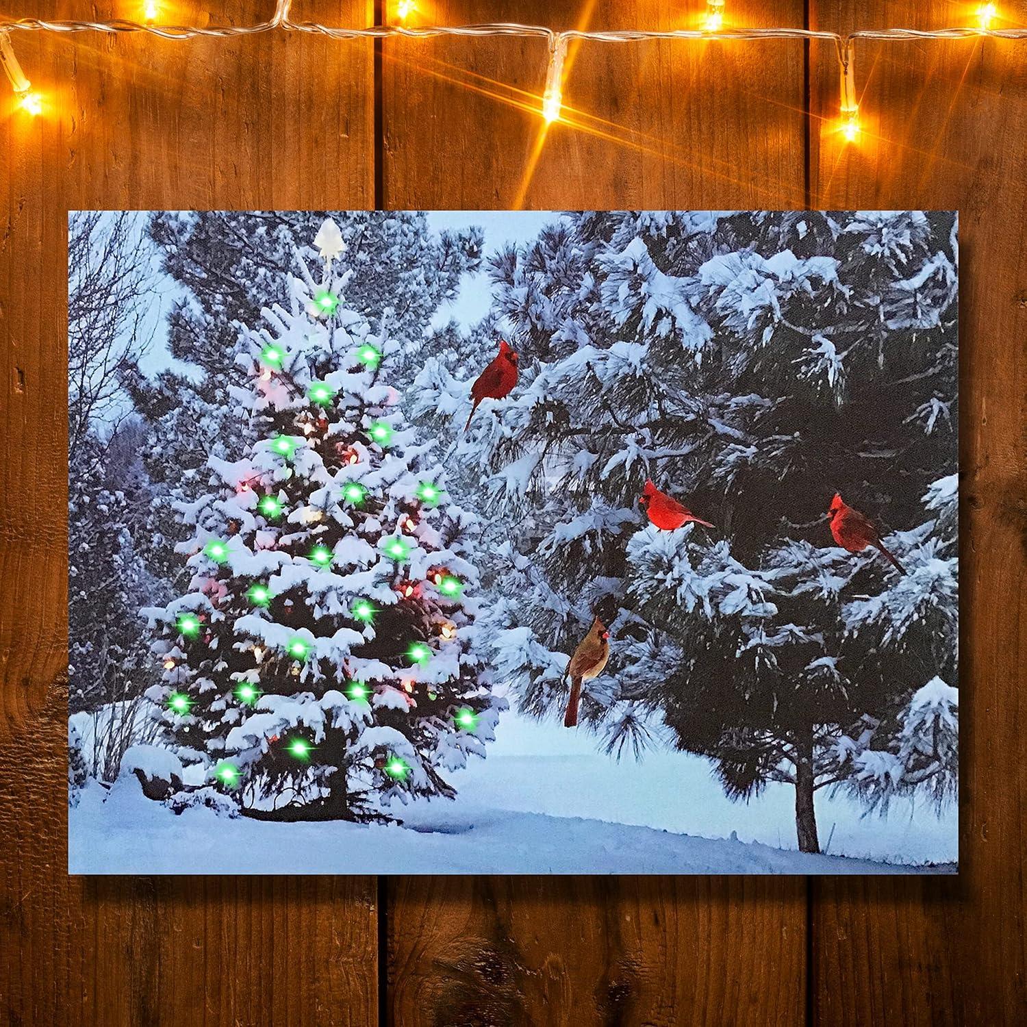 Christmas Tree & Cardinal Birds LED Canvas Print