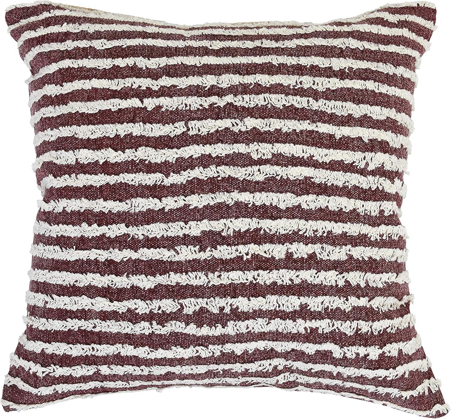 Merlot Red and Ivory Striped Cotton Square Pillow