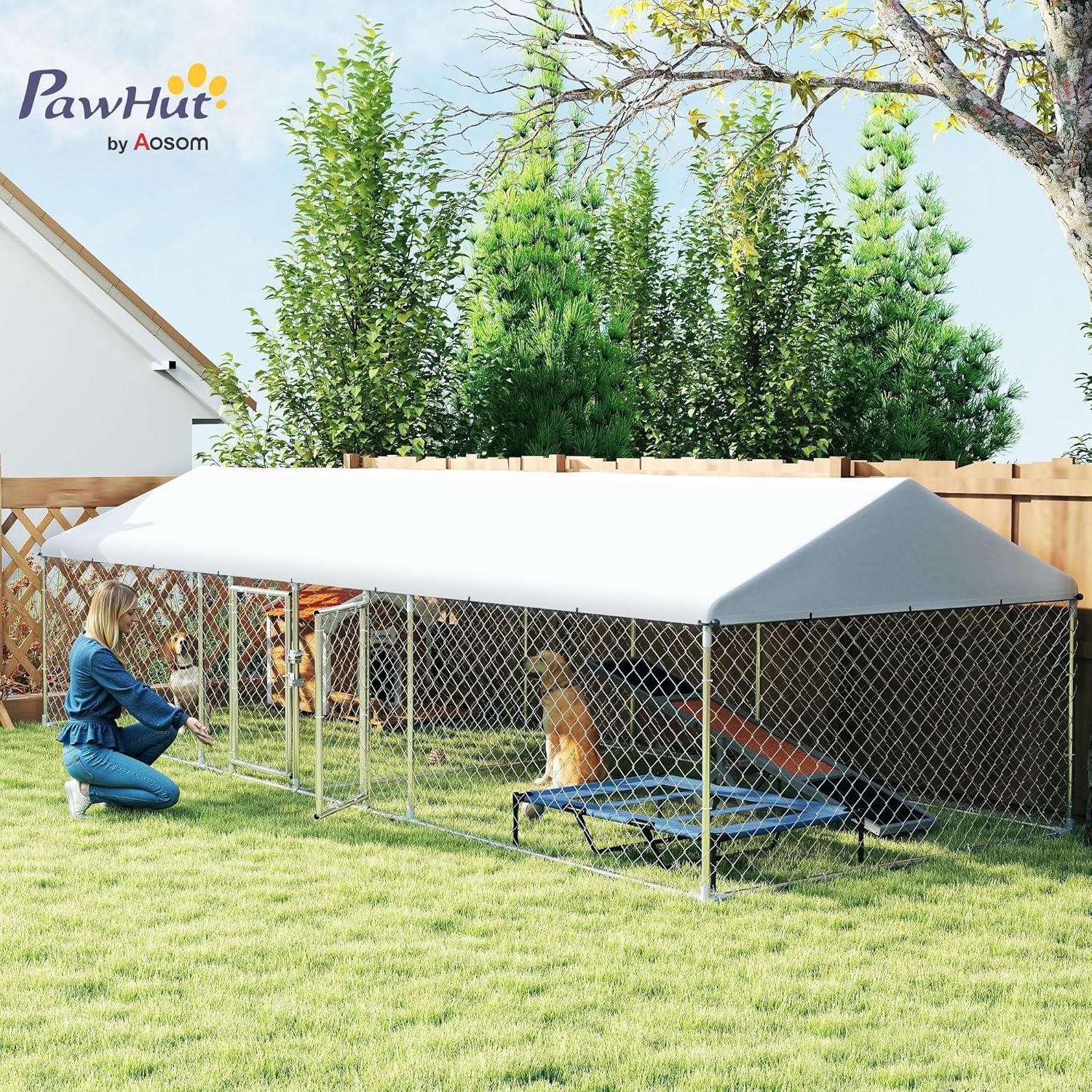 Pawhut Two Room Outdoor Dog Kennel with Roof, 19.7' x 7.5' x 5.2' Dog Kennel Outside Heavy Duty Pet Enclosure Run Fence with Waterproof UV-Resistant Cover, Secure Lock, for Small to Large Breeds