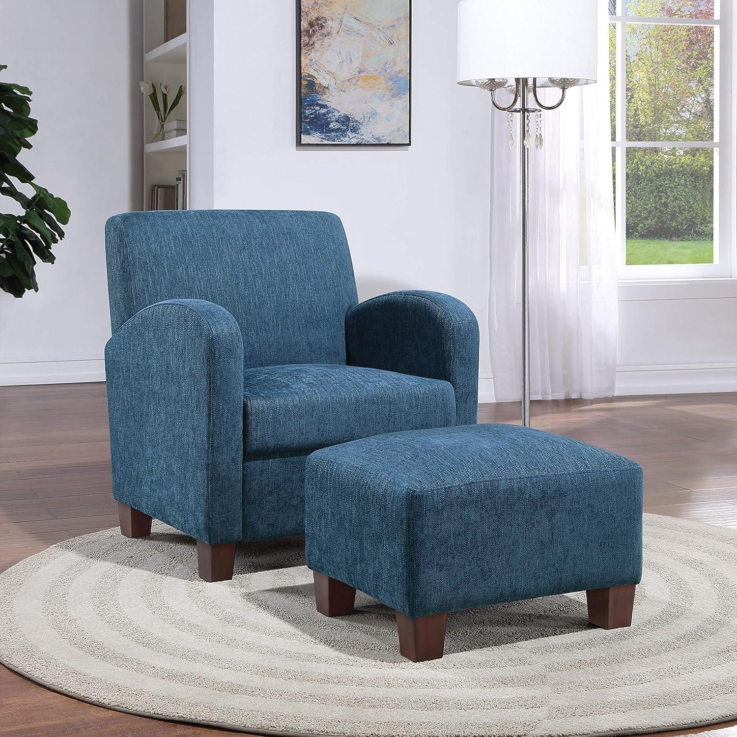 Navy Herringbone Faux Leather Accent Chair with Ottoman