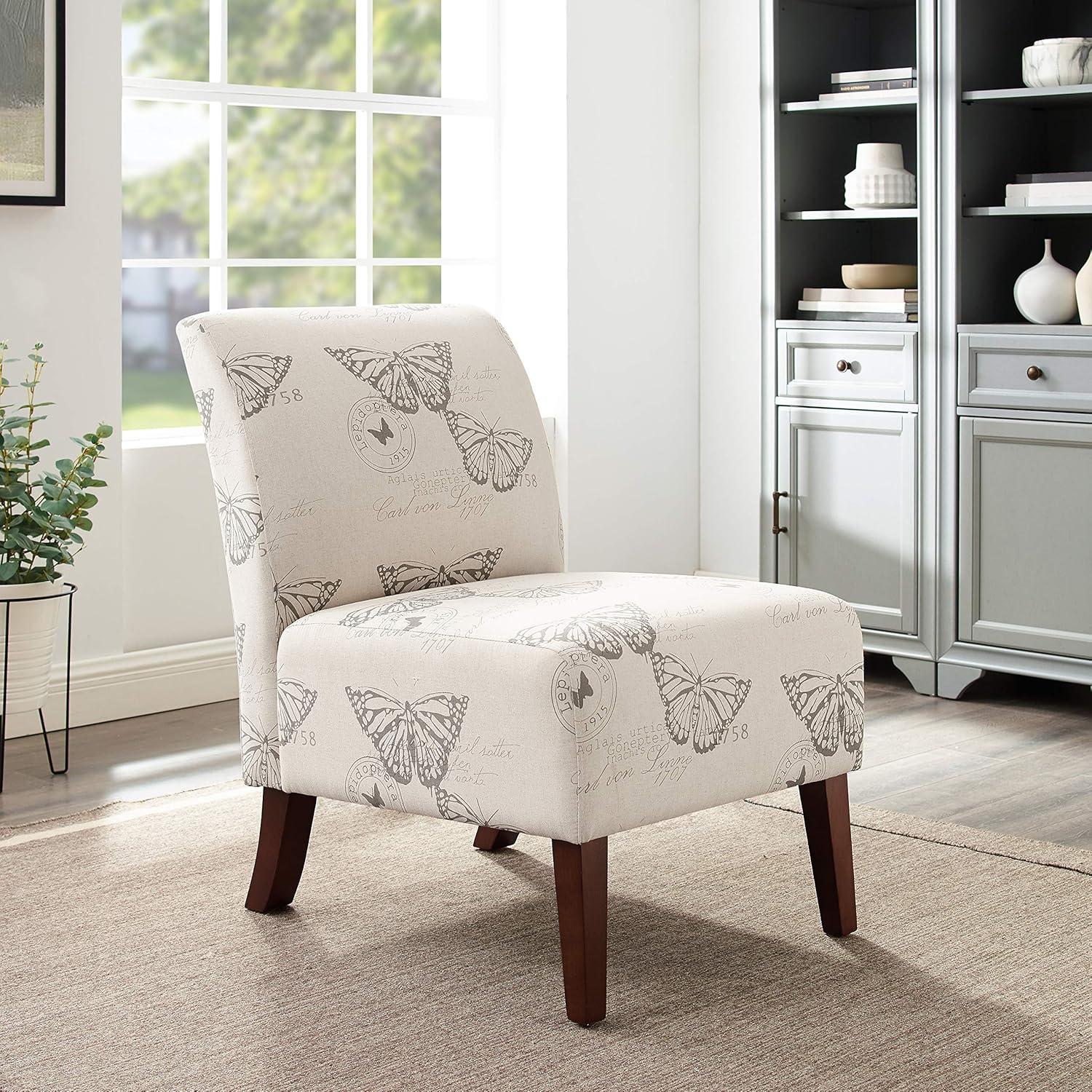 Gray Butterfly Print Linen Slipper Chair with Wood Legs