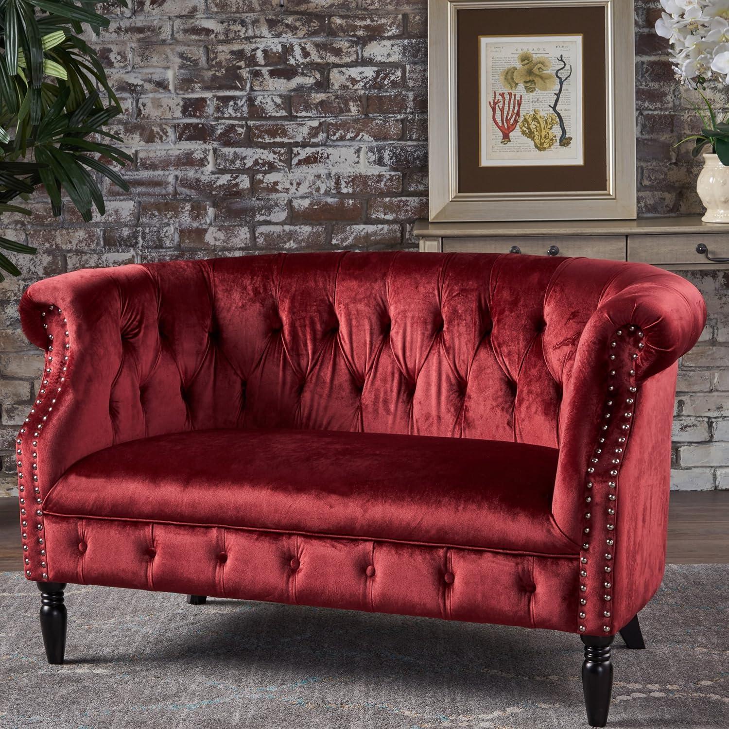 Milani Scroll Arm Loveseat Garnet: Tufted, Nailhead Trim, Polyester Upholstery - Christopher Knight Home
