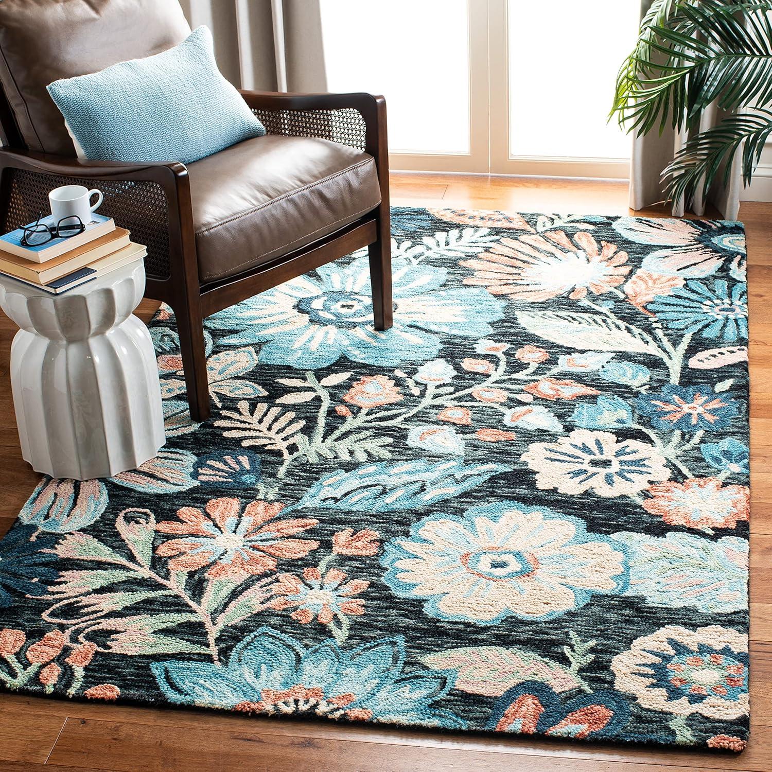 Hand-Tufted Floral Blue & Charcoal Wool Rectangular Rug - 5' x 8'