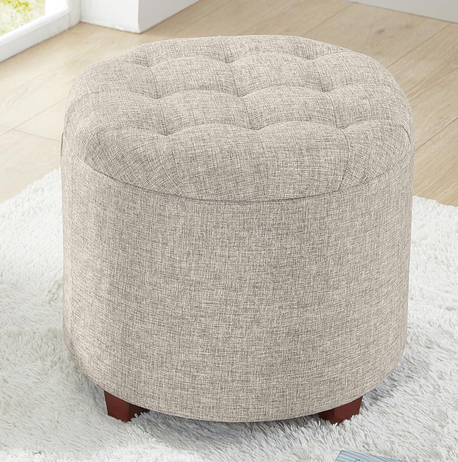 Ornavo Home Donovan Round Tufted Linen Storage Ottoman Foot Rest Stool Seat with Removable Lid - Beige