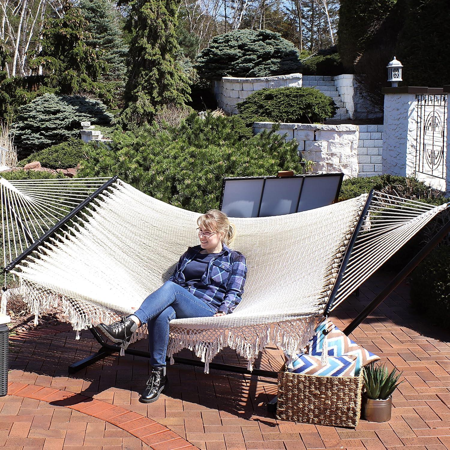 Sunnydaze Heavy-Duty 2-Person Woven Polyester Style Hammock with Crocheted edges and Wooden Spreader Bars - 600 lb Weight Capacity - Natural