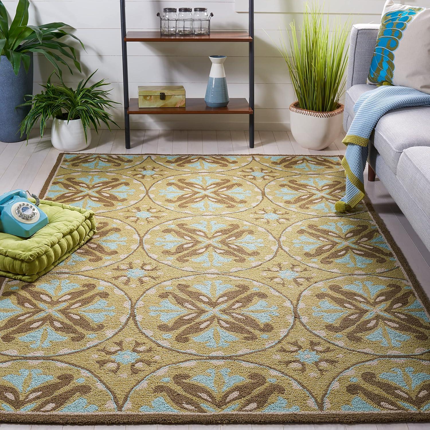 Handmade Blue and Beige Floral Synthetic Area Rug