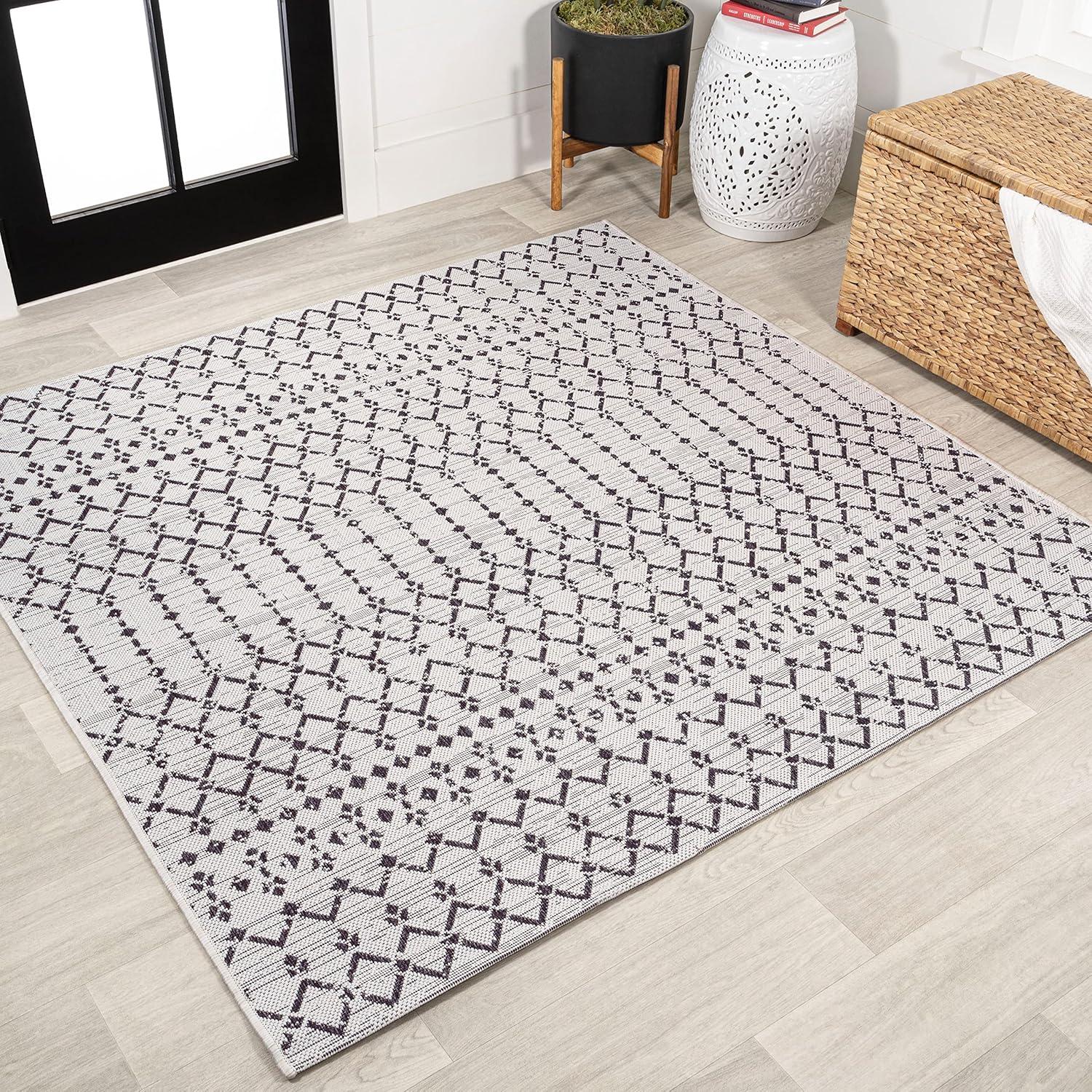5' x 5' Ourika Moroccan Geometric Textured Weave Indoor/Outdoor Area Rug, Cream/Black - JONATHAN Y