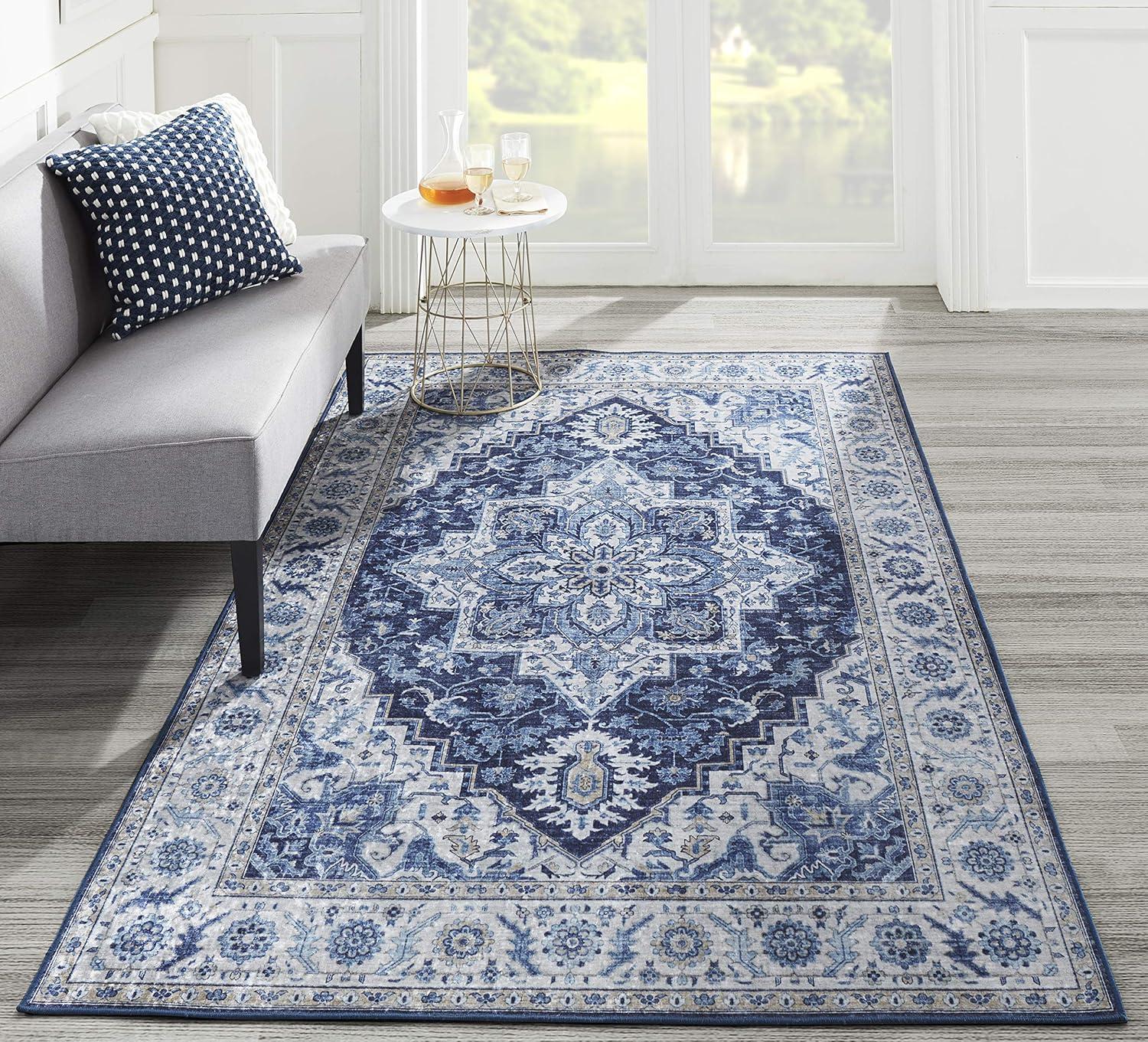 5'x8' Karachi Aria Area Rug Blue - Momeni: Geometric Bohemian, Rubber Backing, Medium Pile, Indoor Use