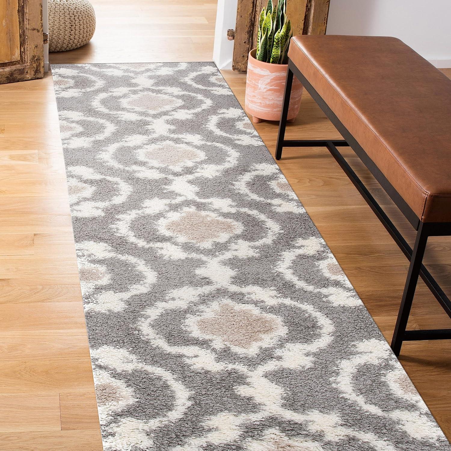 Luxurious Gray/Cream Moroccan Trellis Shag Runner Rug 2' x 7'2"