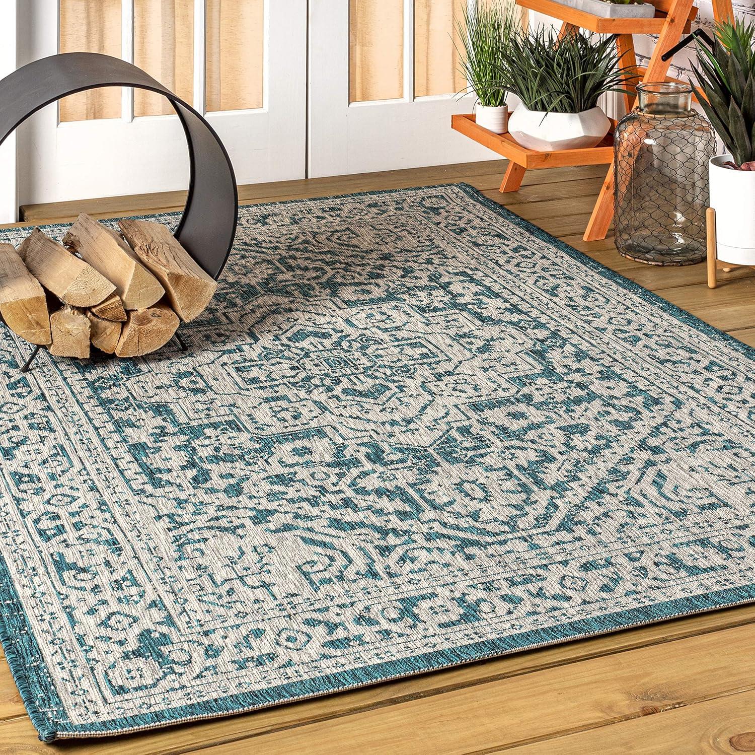 4'x6' Sinjuri Medallion Textured Weave Indoor/Outdoor Area Rug,  Teal Blue/Gray - JONATHAN Y