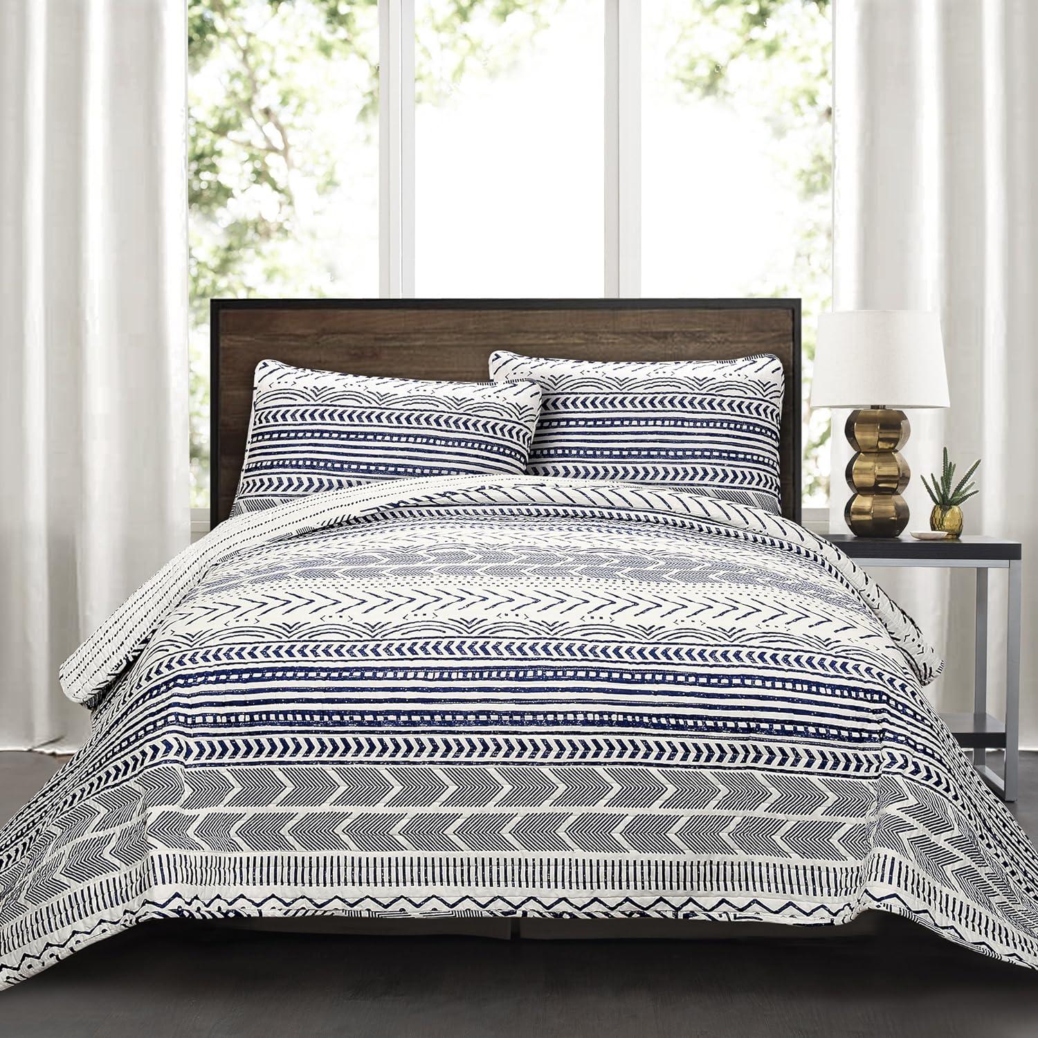 Lush Décor 3pc King Hygge Geo Reversible Quilt & Sham Set Navy/White: STANDARD 100 OEKO-TEX Certified