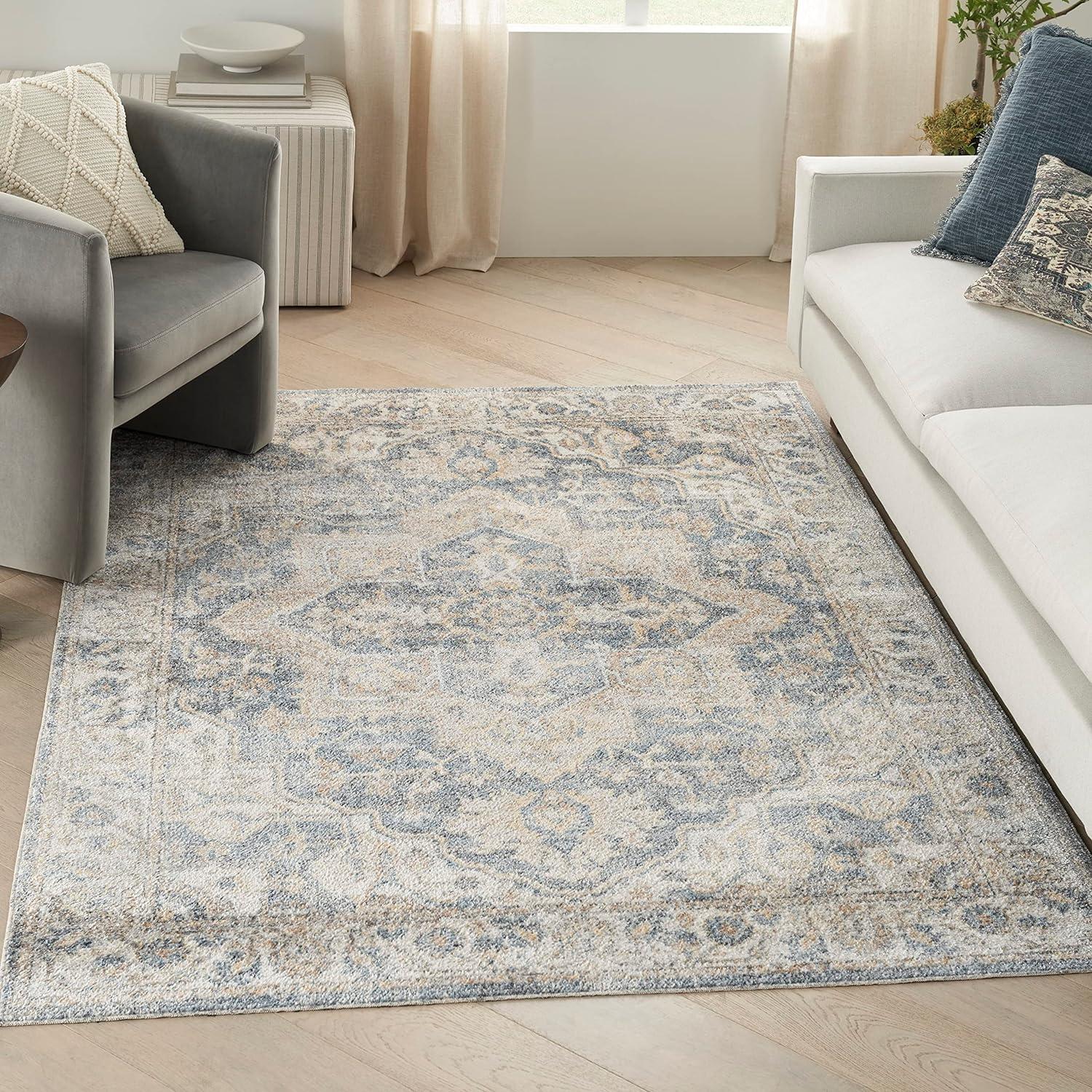 Grey and Blue Floral Medallion Washable Area Rug 5'3" x 7'